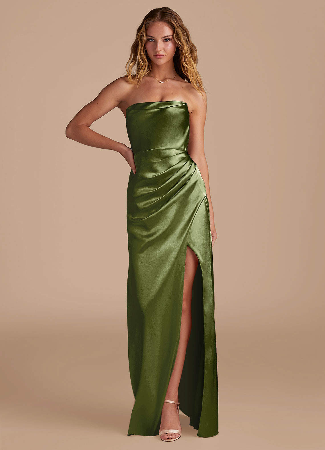 Azazie Leonis Bridesmaid Dresses Olive Mermaid Pleated Metallic Satin Convertible Dress image1