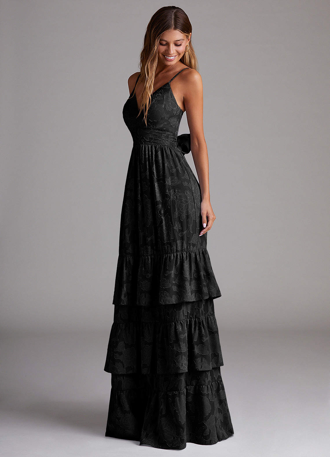 Azazie Nathalia Bridesmaid Dresses Black A-Line Bow Floral Burnout Dress image2