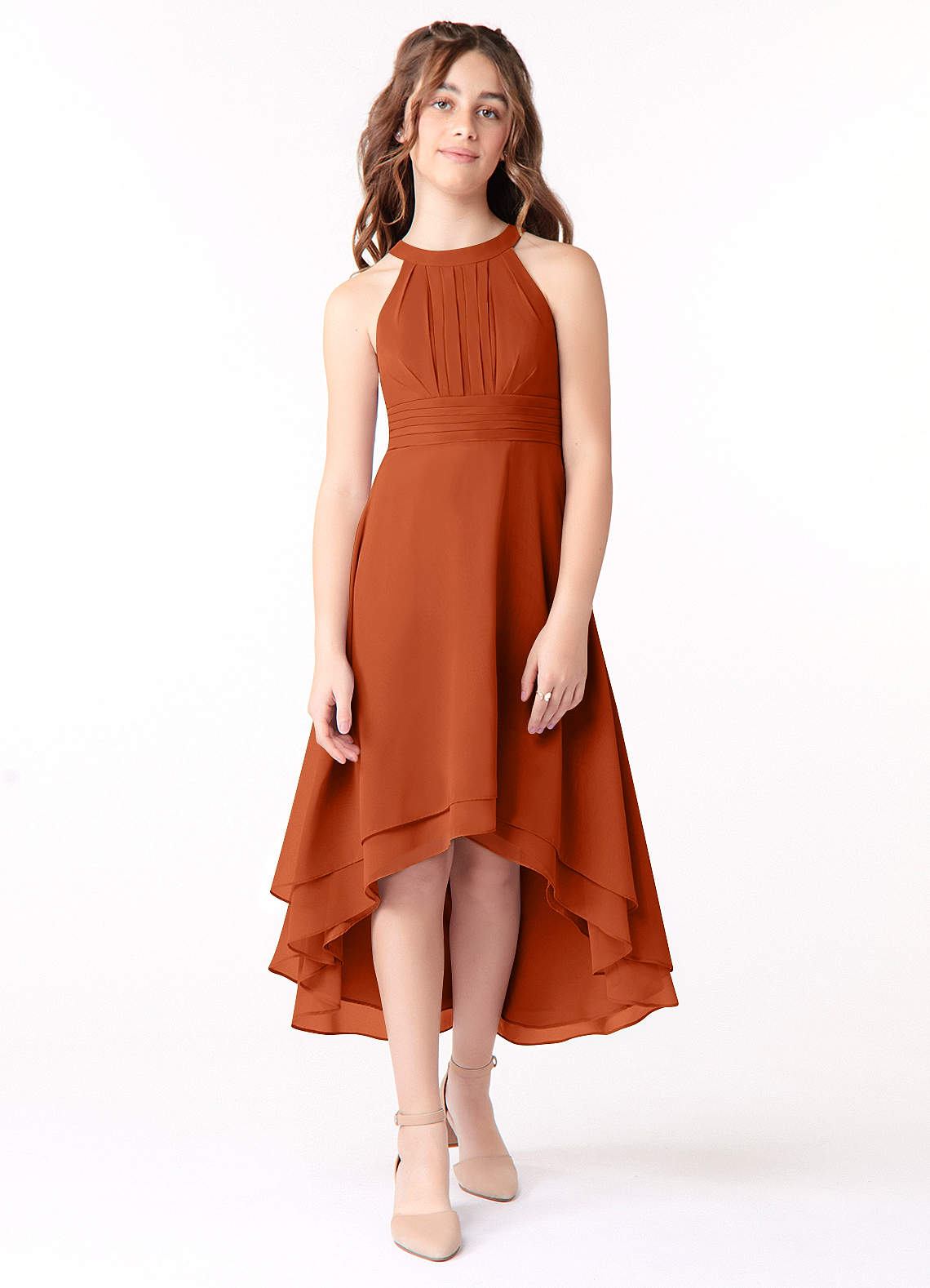 Azazie Linna Junior Vestido de Naranja Quemada de Gasa de Corte En A con Plisado image1