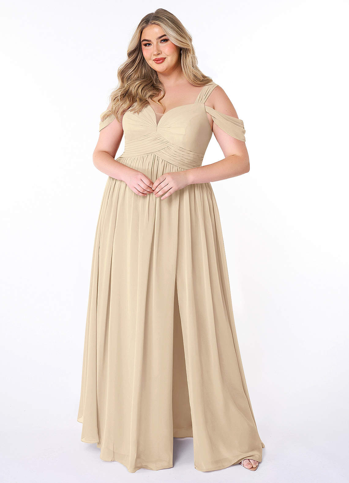 Azazie Lianne Bridesmaid Dresses Champagne A-Line Off the Shoulder Chiffon Dress image1