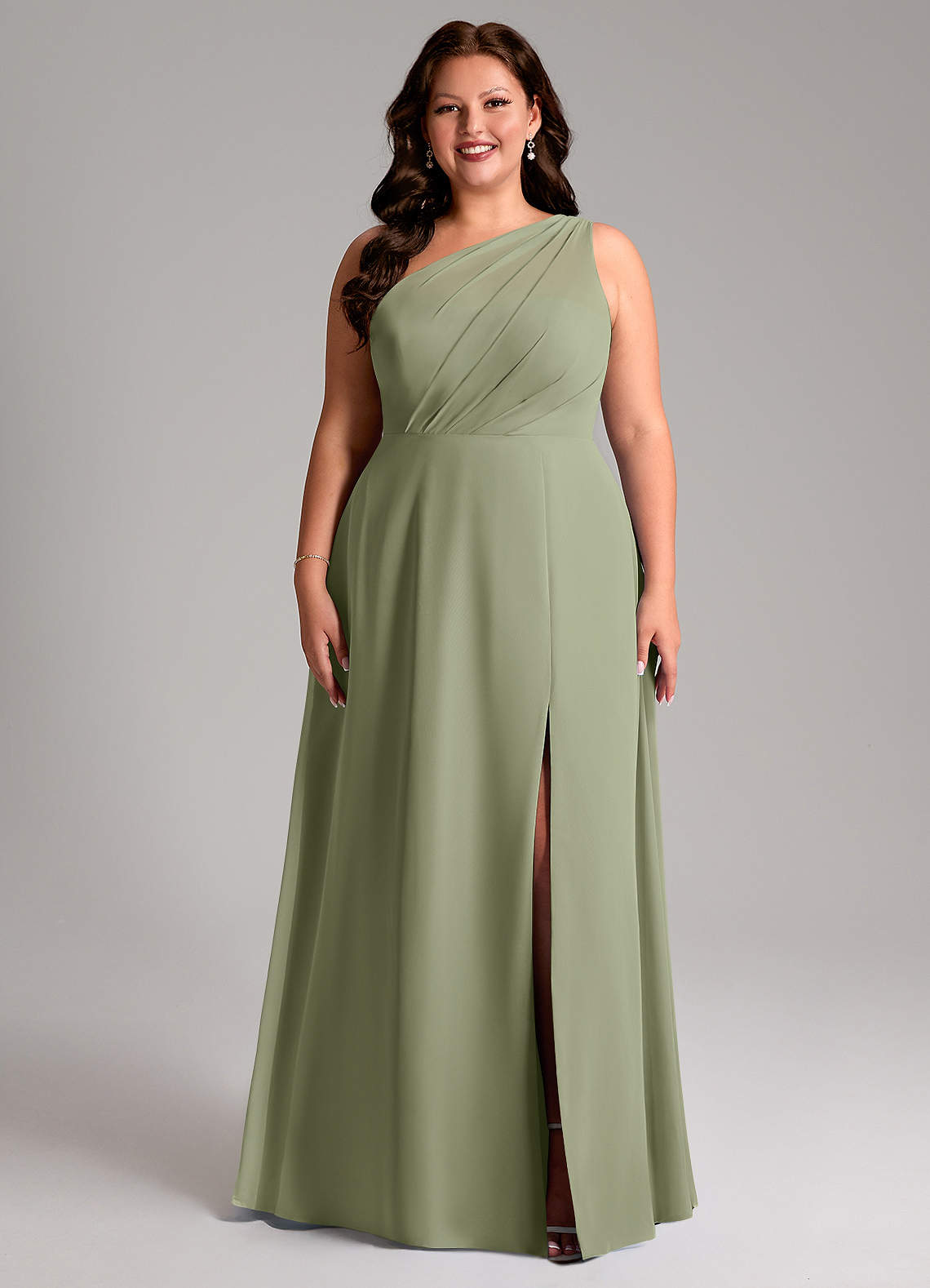 Azazie Phaedra Abiti da Damigella Abito A-Line in Chiffon Monospalla Pistacchio image1
