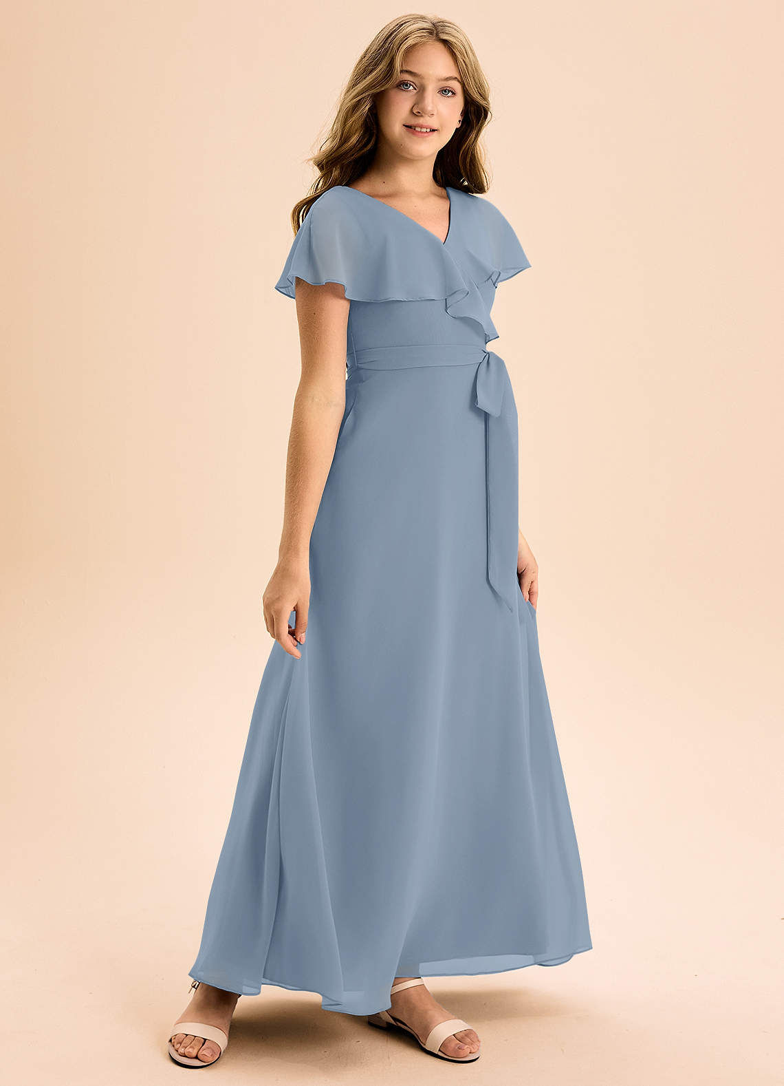 Azazie Lainey Junior Dusty Blue A-Line with Pockets Chiffon Dress image1