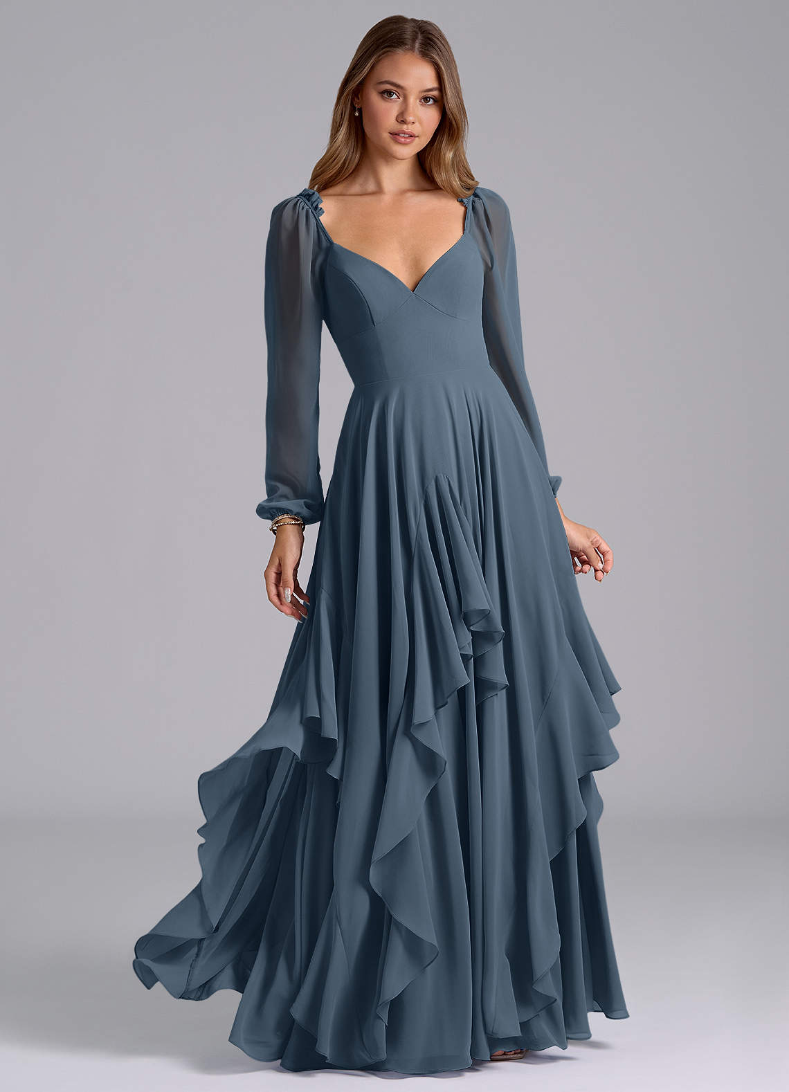 Azazie Karan Bridesmaid Dresses Neptune A-Line Long Sleeve Chiffon Dress image1