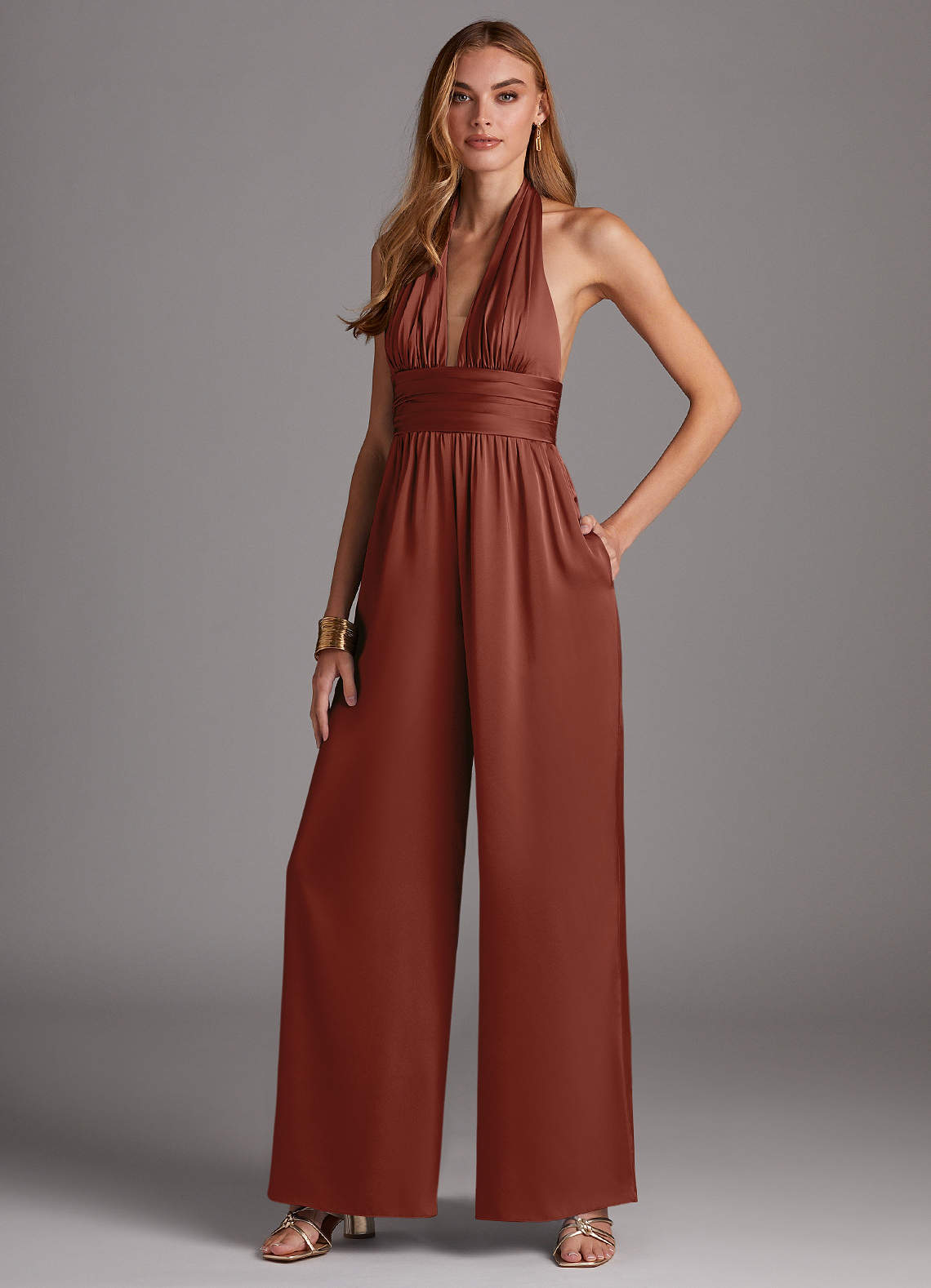 Azazie Oli Stretch Satin Jumpsuit Ready to Ship Agave Stretch