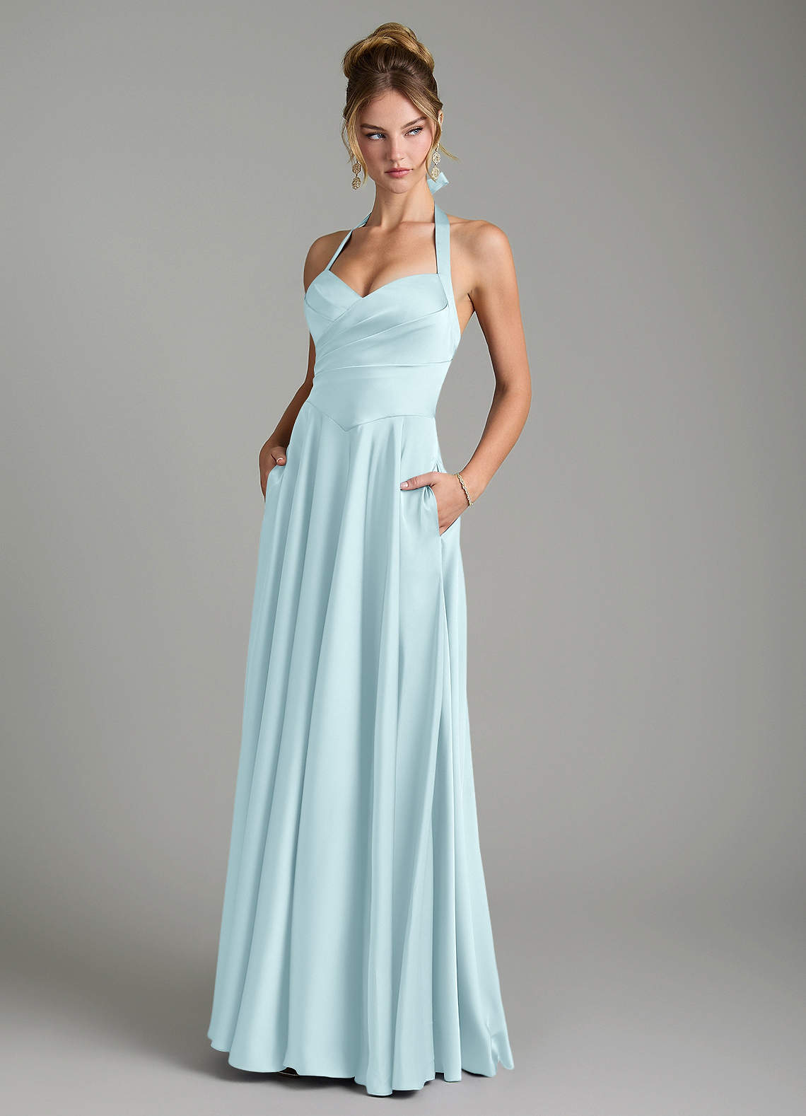 cloud blue bridesmaid dresses Dusty Gowns Yes Models Dress Size KissProm Off-Shoulder Sheath Pleated Satin
