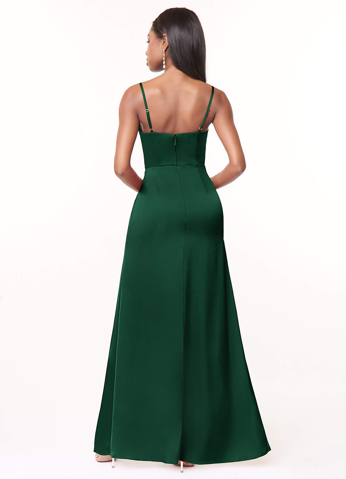 Azazie Maci Bridesmaid Dresses Dark Green A-Line V-Neck Pleated Stretch Satin Dress image1