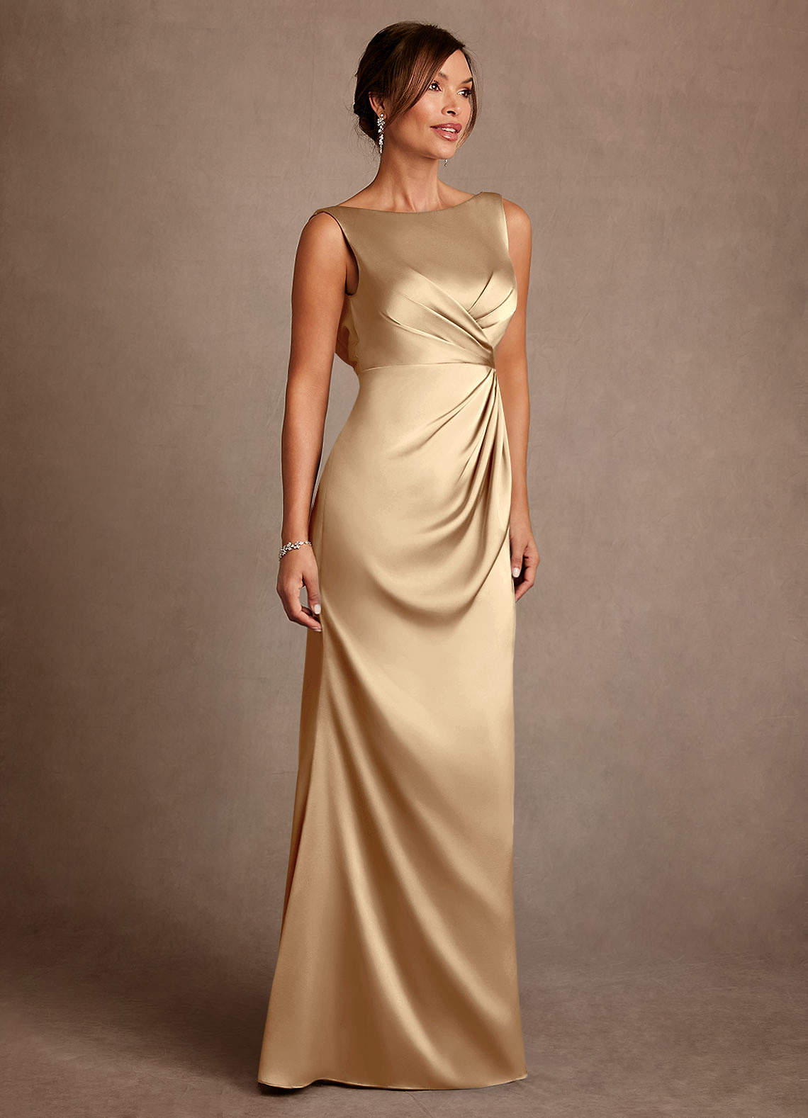 Azazie Baltimore Mother of the Bride Dresses Champagne A-Line Pleated Stretch Satin Dress image3