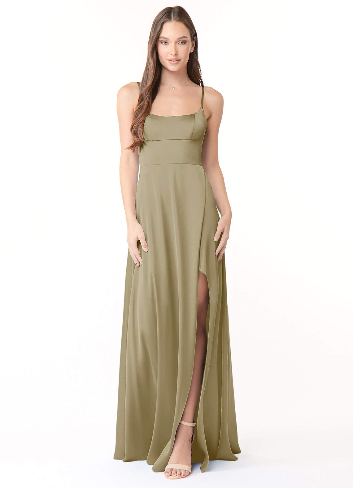 Azazie Halsey Bridesmaid Dresses Moss Green Sheath Side Slit Stretch Satin Dress image1