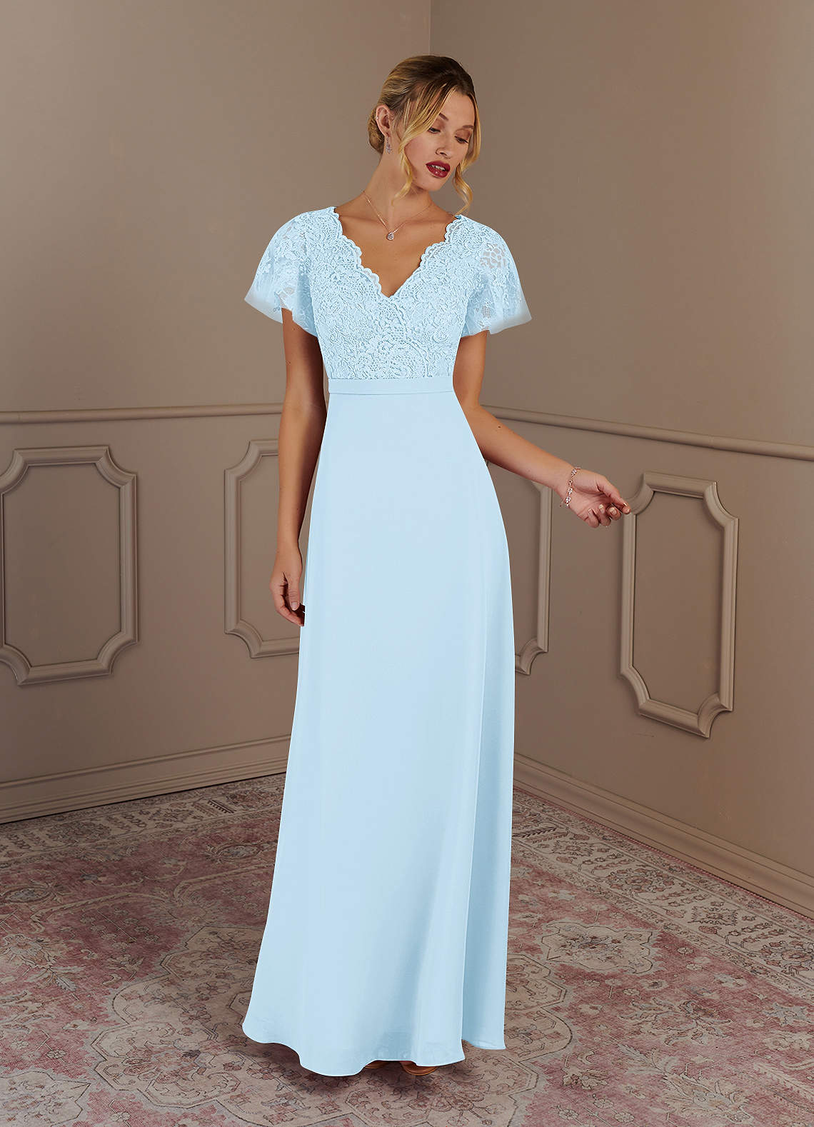 Azazie Singer Sky Blue A-Line V-Neck Lace Chiffon Dress | Azazie