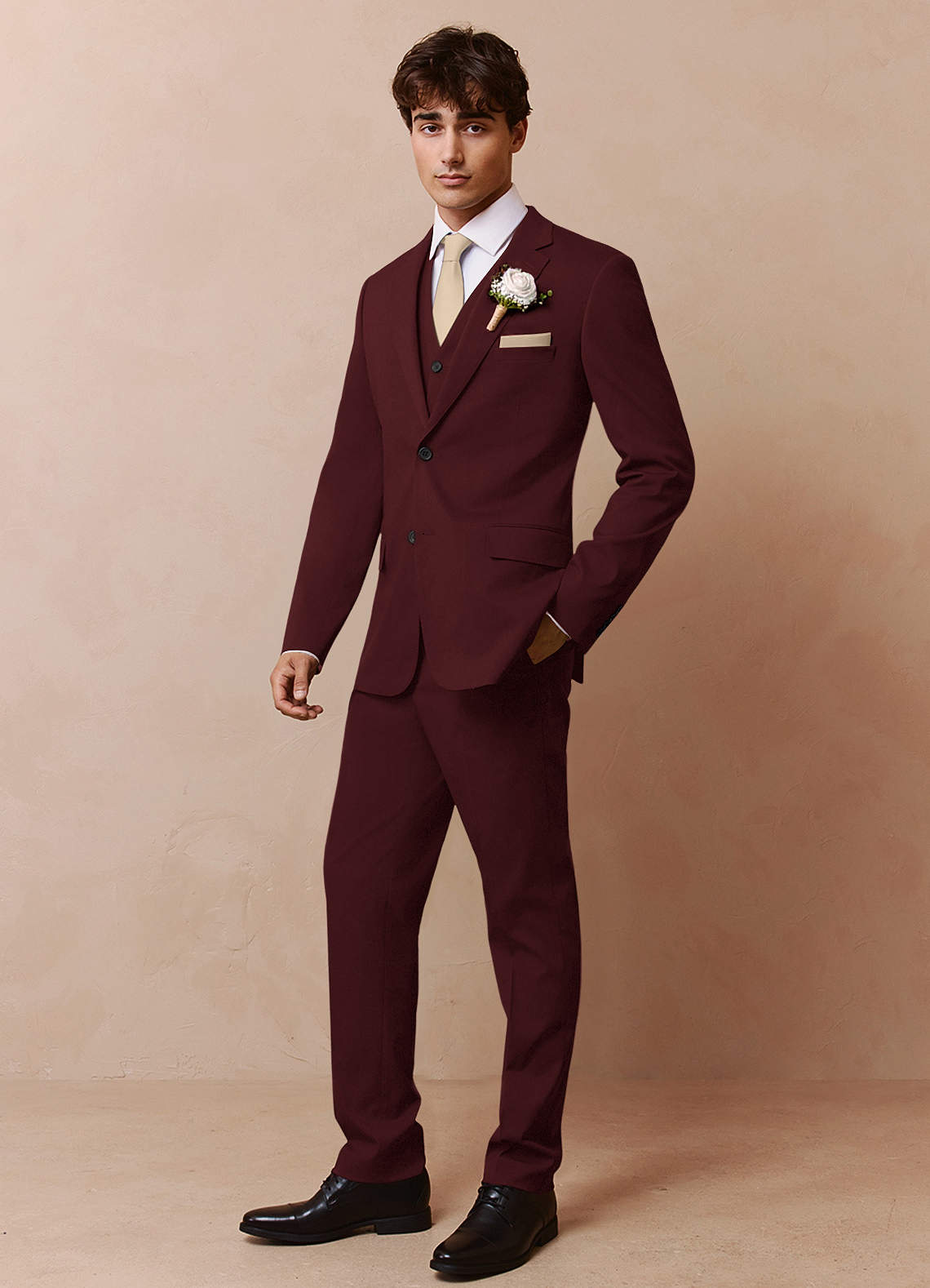 front Savile Burgundy Wool Blend 3-Piece Suit