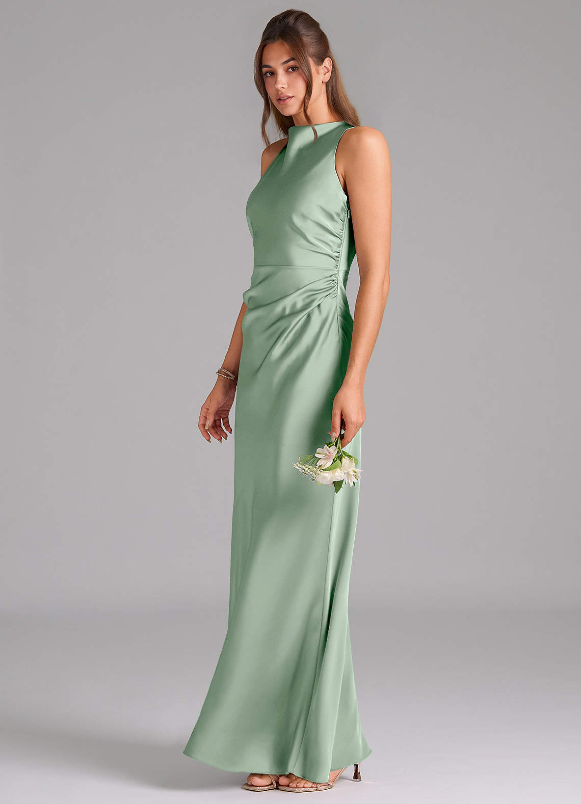 Azazie Evadne Bridesmaid Dresses Agave A-Line Pleated Stretch Satin Dress image1