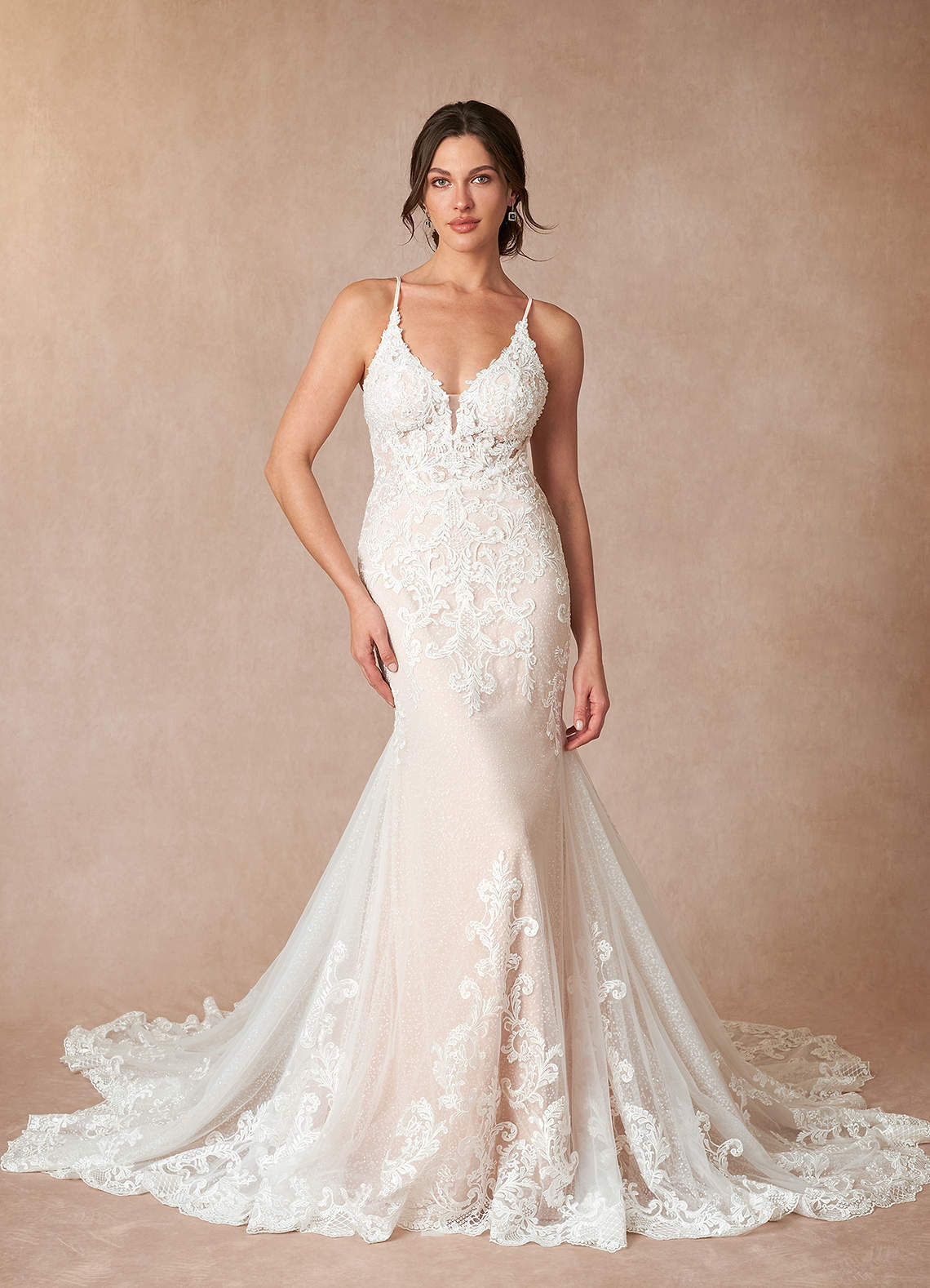 Azazie Selene Wedding Dresses Diamond White Nude Mermaid V-Neck Lace Dress image1