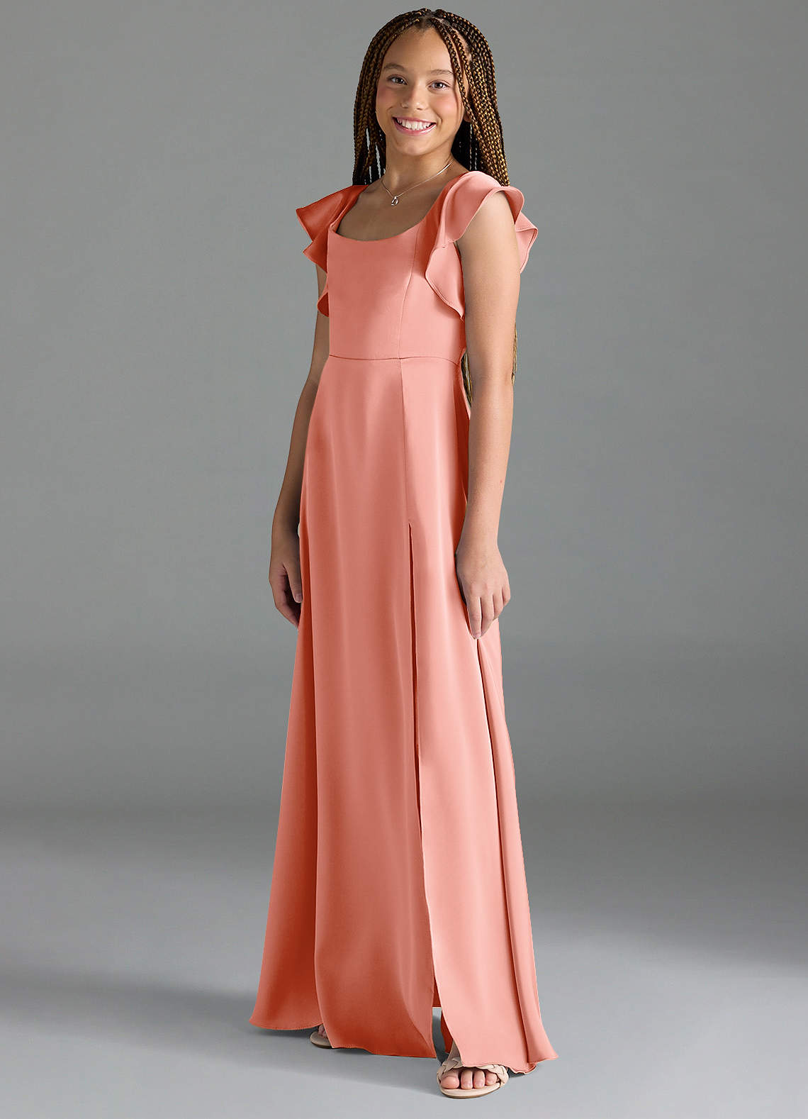 Azazie Bondi Junior Vestido Coral de Cetim elástico de Linha A com Fenda Lateral image3