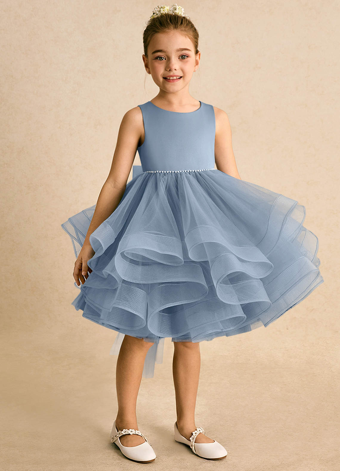 Azazie Tinie Flower Girl Dresses Dusty Blue Ball-Gown Bow Tulle Dress image1