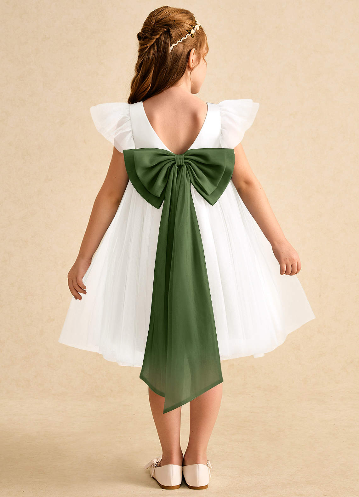 Azazie Munchkin Robe Demoiselle D'honneur Fillette Robe Trapèze en Tulle Arc Ivoire Olive image1