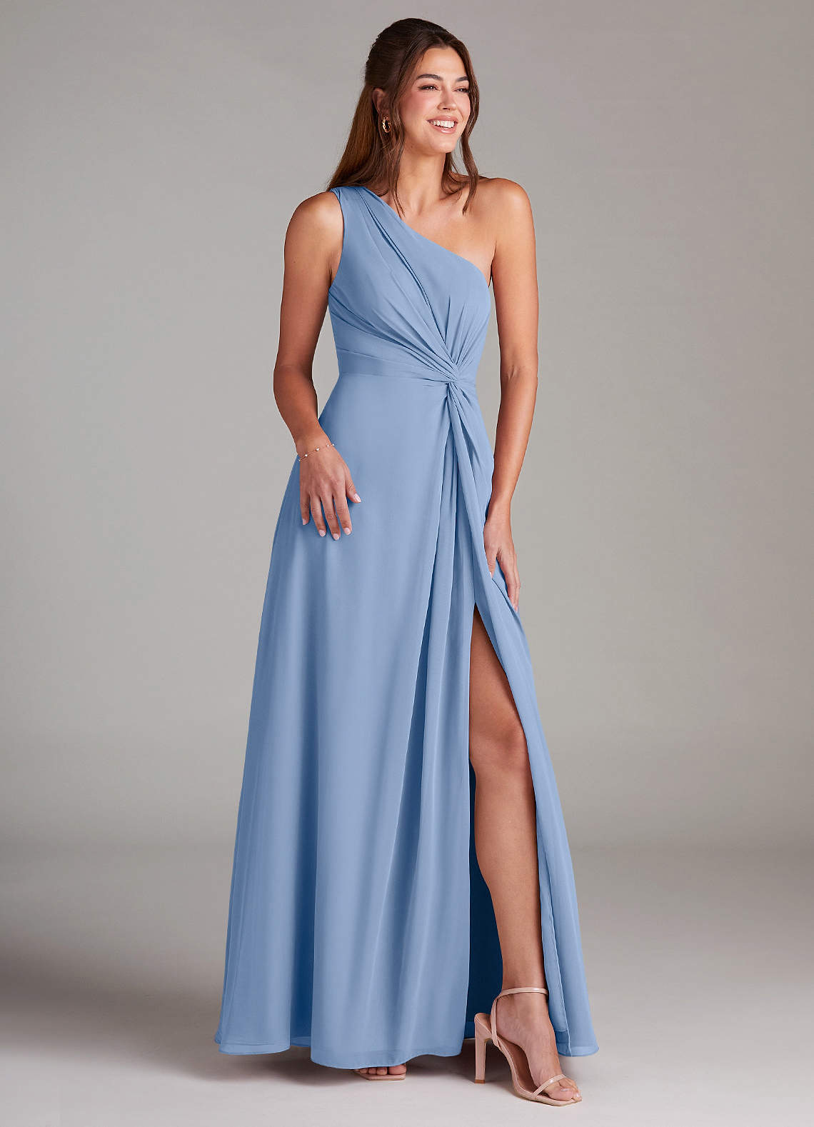 Azazie Brooke Bridesmaid Dresses Steel Blue A-Line One Shoulder Chiffon Dress image3