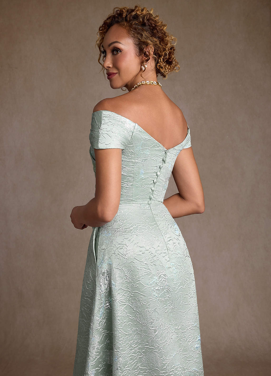 Azazie Lacey Mother of the Bride Dresses Agave Jacquard A-Line Off the Shoulder Floral Jacquard Dress image5