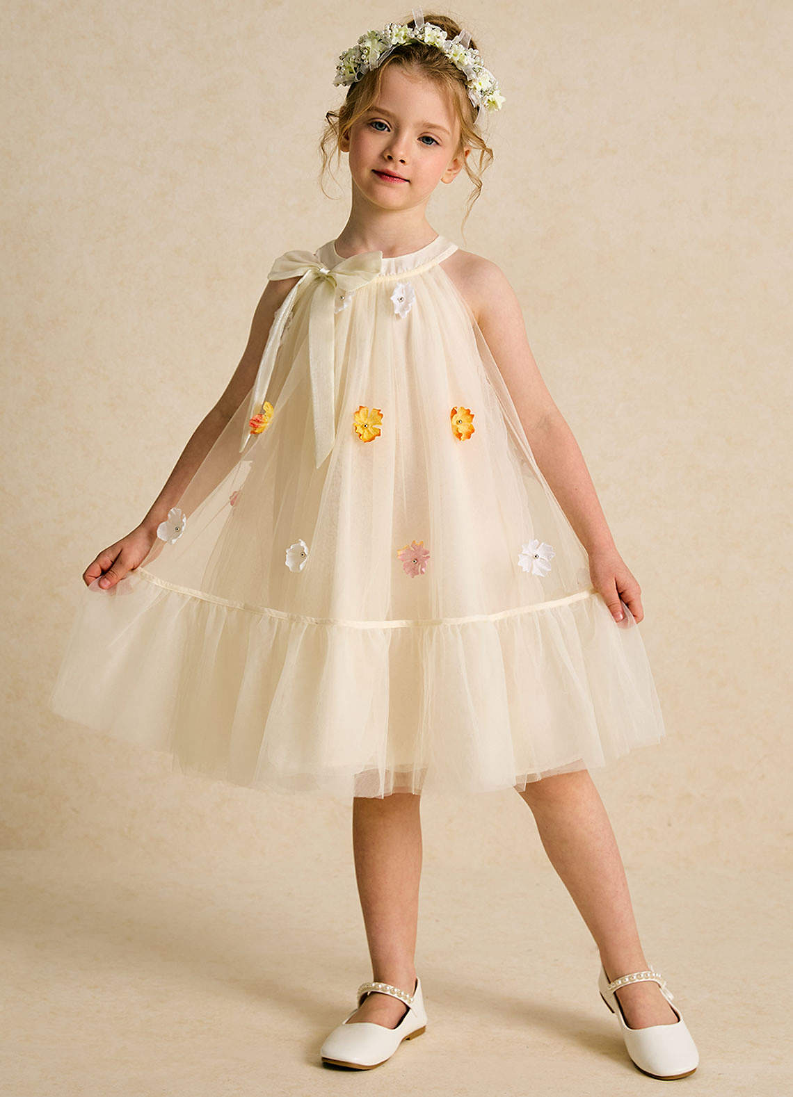 Azazie Lemon Flower Girl Dresses Champagne A-Line Bow Tulle Dress image2