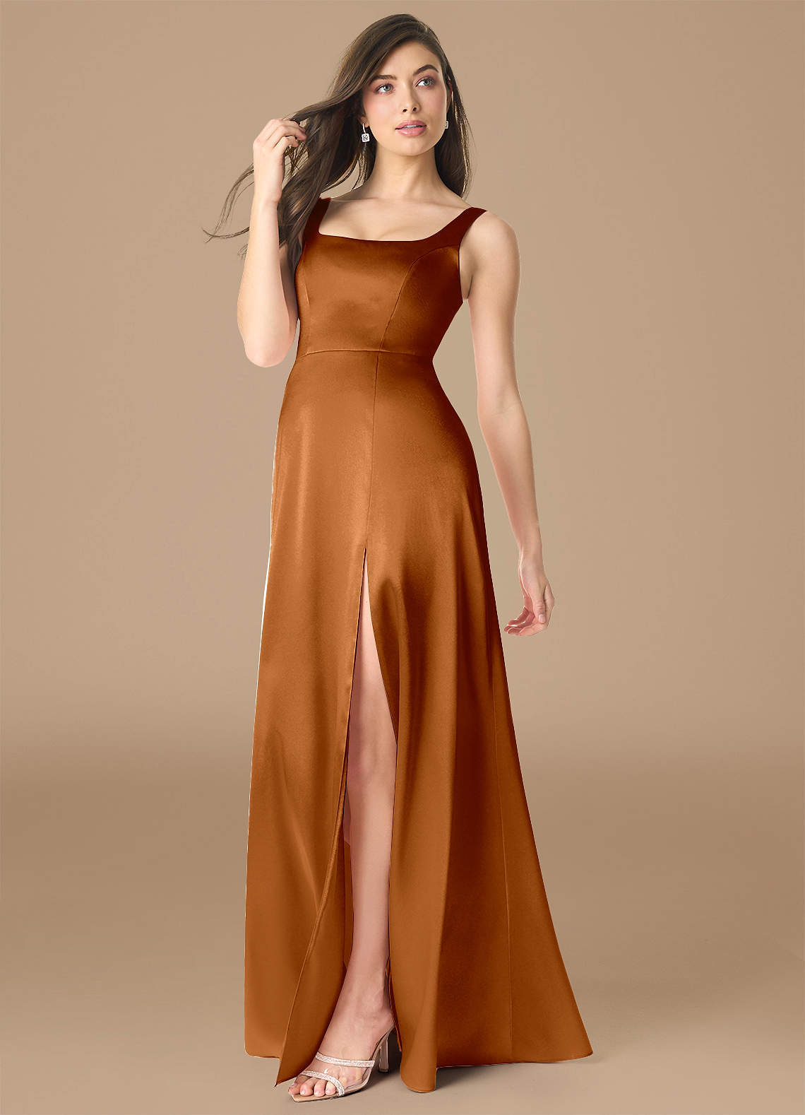 Azazie Joyce Bridesmaid Dresses Copper A-Line Side Slit Metallic Satin Dress image2