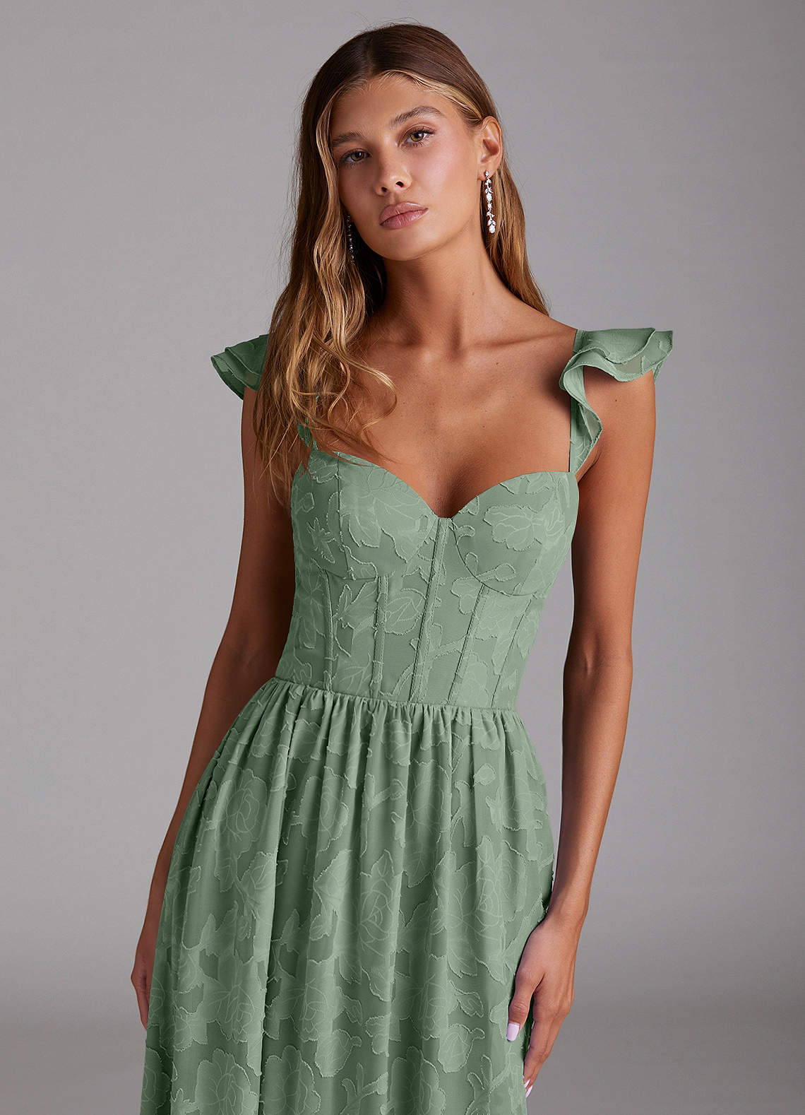 Azazie Denisse Bridesmaid Dresses Matcha A-Line Ruched Floral Burnout Dress image3