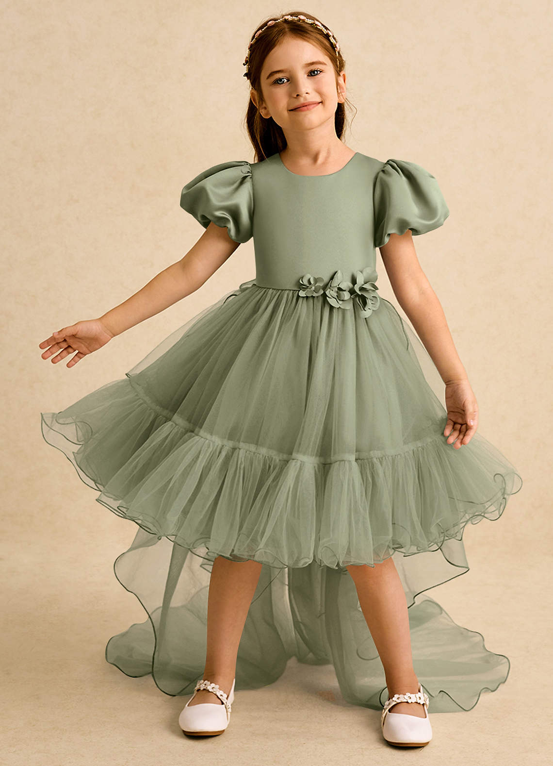 Azazie Cocoa vestidos de niña de las flores Vestido de Pistacho de Tul de Princesa con Plisado image1