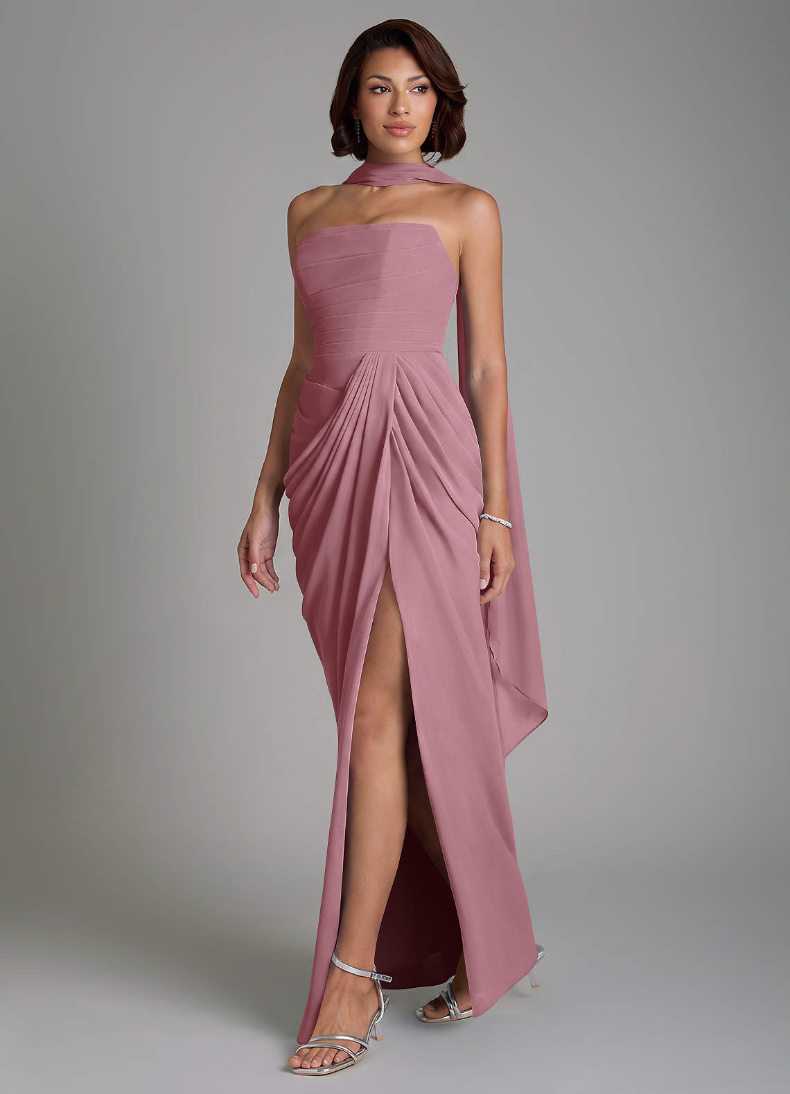 silk mauve bridesmaid dresses Azazie Nyra Vintage Chiffon Details Silhouette