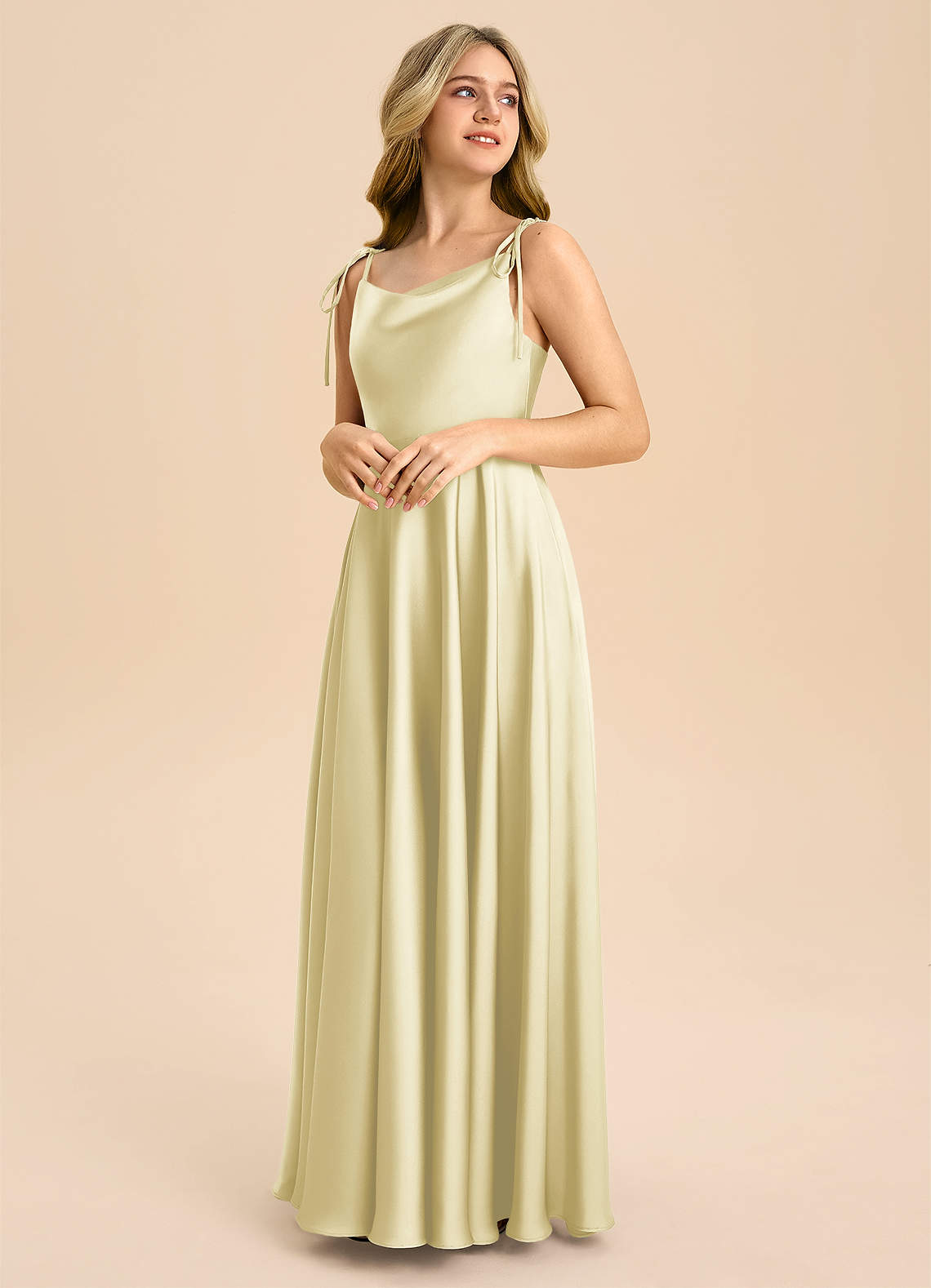 Azazie Popsy Junior Lemon Sorbet A-Line Bow Stretch Satin Dress image3