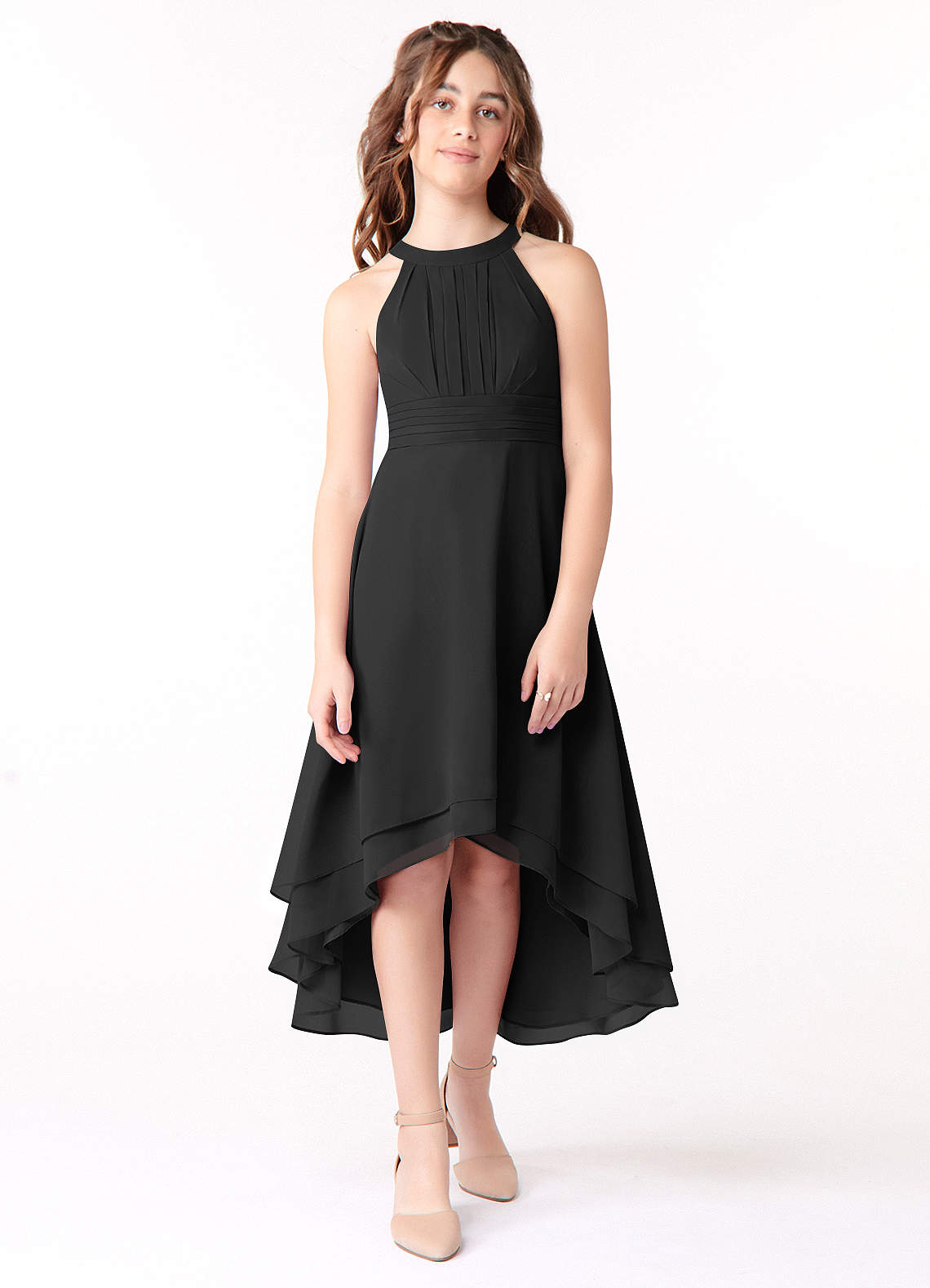 Azazie Linna Junior A라인 쉬폰 비대칭 주니어 신부 들러리 드레스 드레스 image1