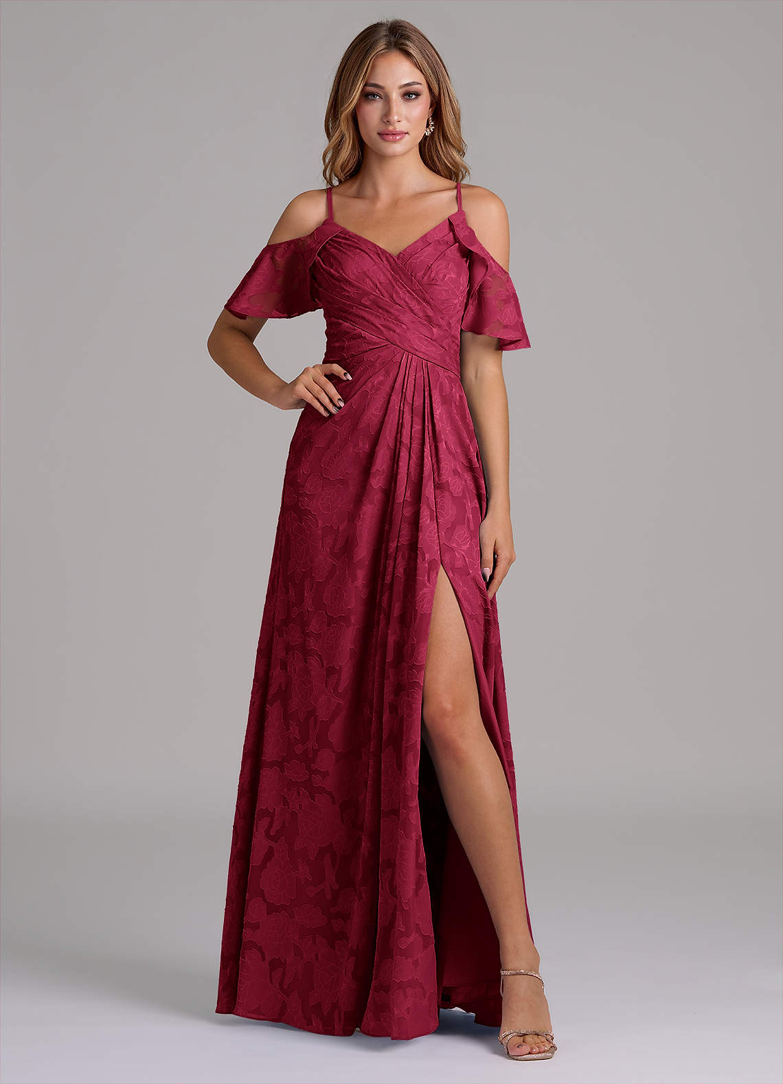 Azazie Dakota Bridesmaid Dresses Burgundy A-Line Off the Shoulder Floral Burnout Dress image1