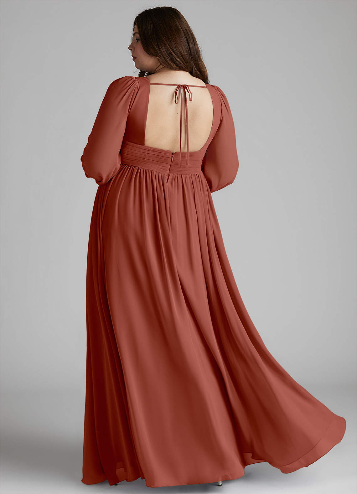 Azazie Norah Bridesmaid Dresses Auburn A-Line V-Neck Long Sleeve Chiffon Dress image6