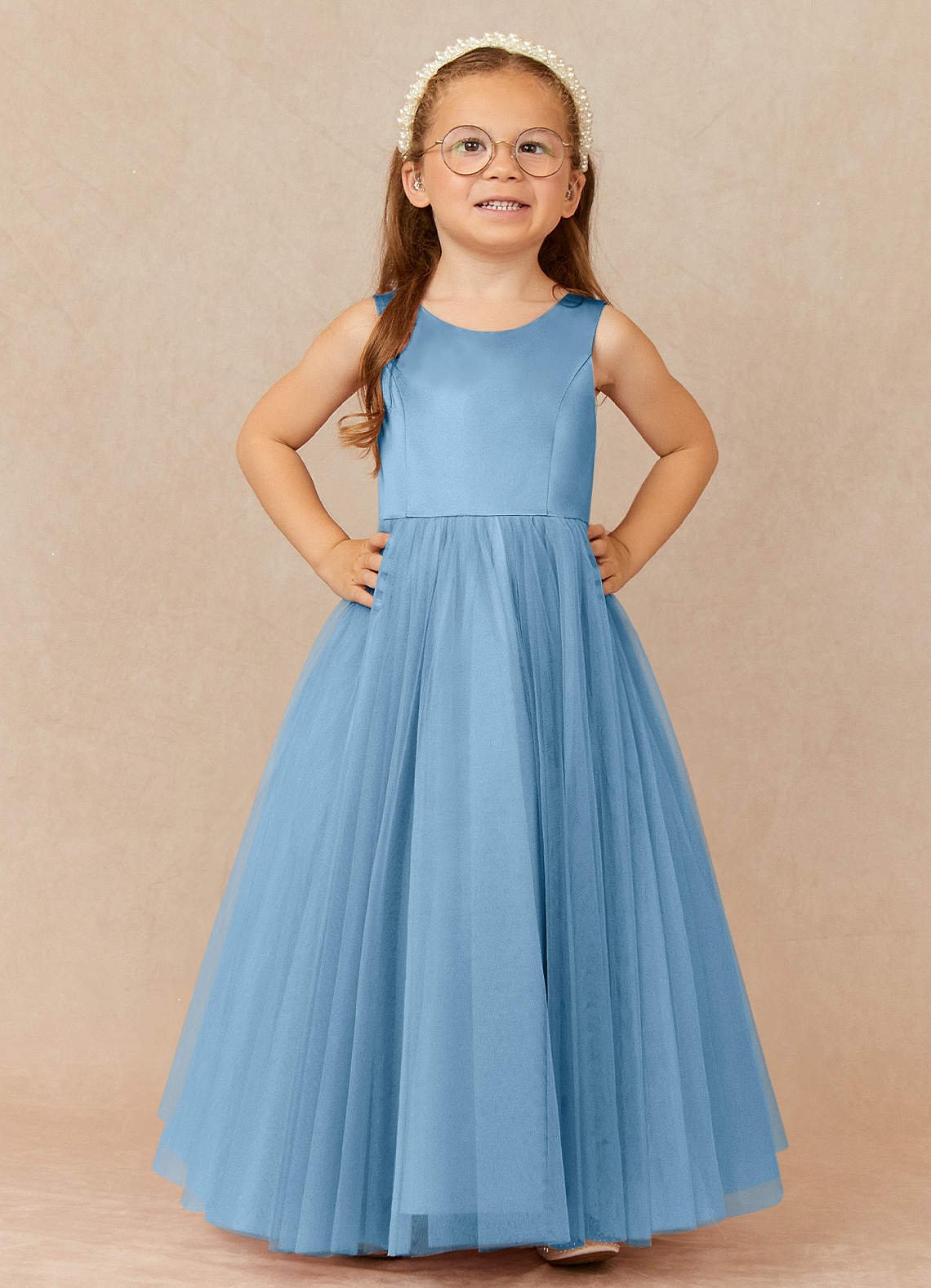 Azazie Muni Blumenmädchenkleider A-Linie Schleifen Tüll Kleid Stahlblau image1
