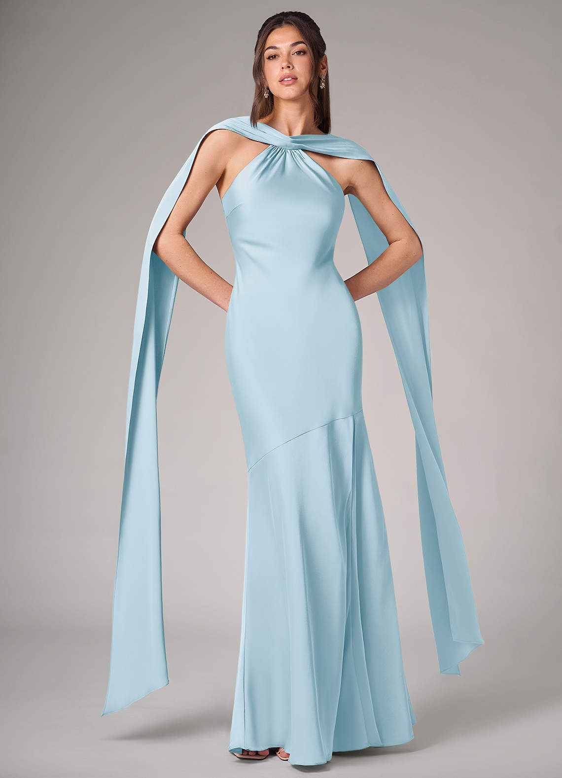 Azazie Kinsley Vestidos de madrinha de casamento Vestir Céu Azul de Cetim elástico de sereia com Fenda Lateral image1