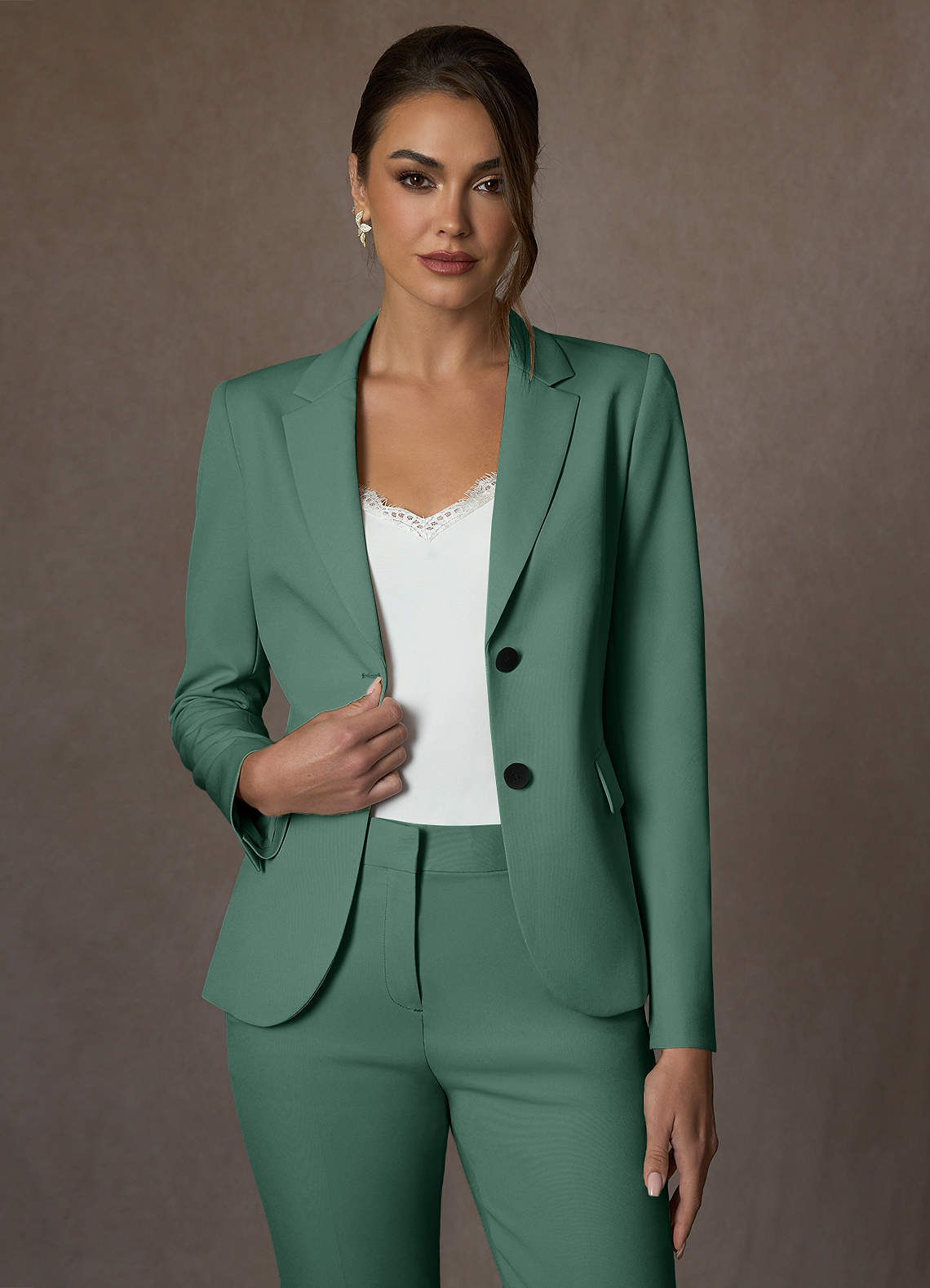 front Whitney Eucalyptus Structured Stretch Full Length Pants Suit