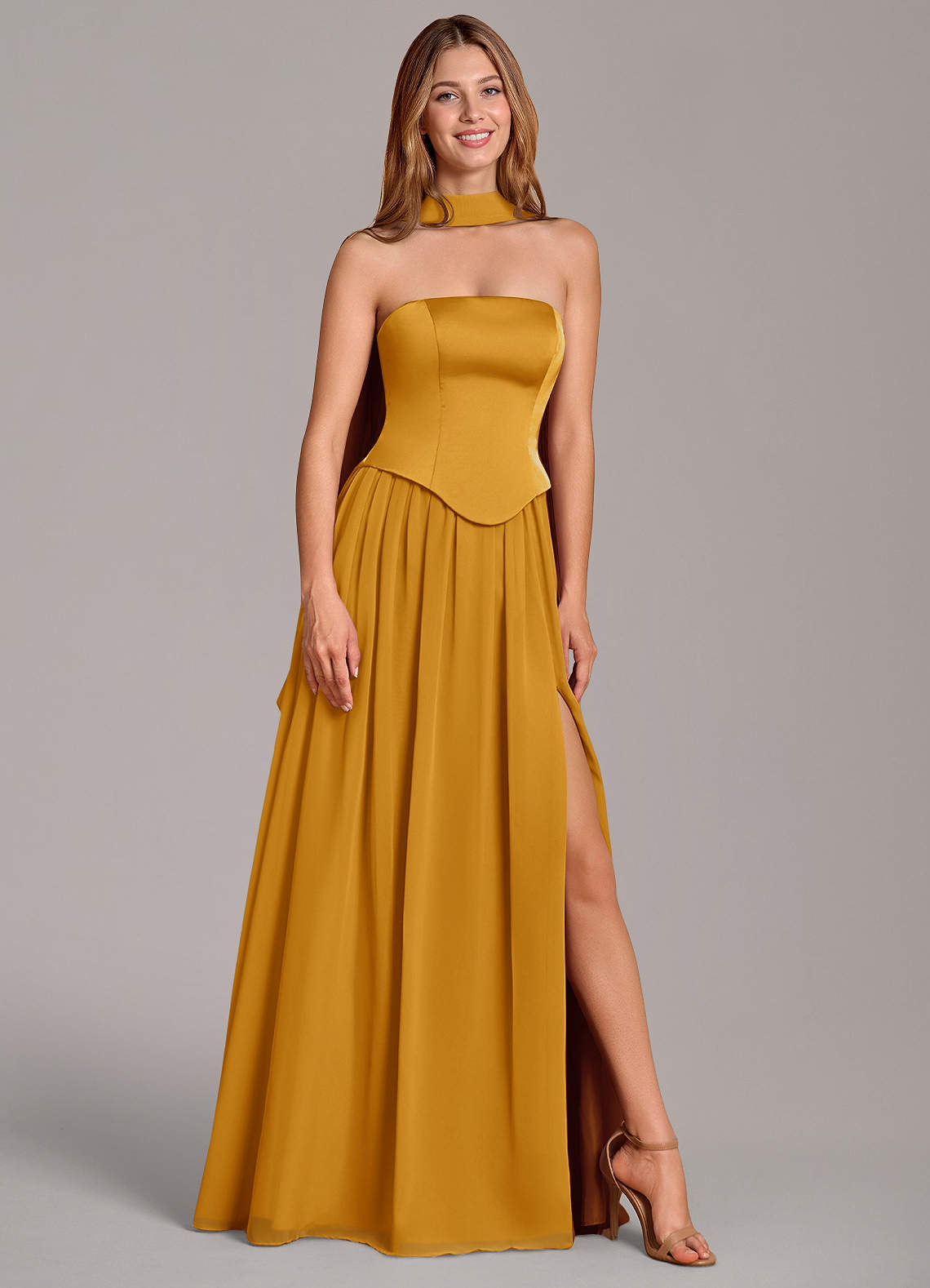 Azazie Cadence Robes de demoiselle d'honneur Robe Trapèze Convertible en Satin extensible Corset Caramel écossais image1