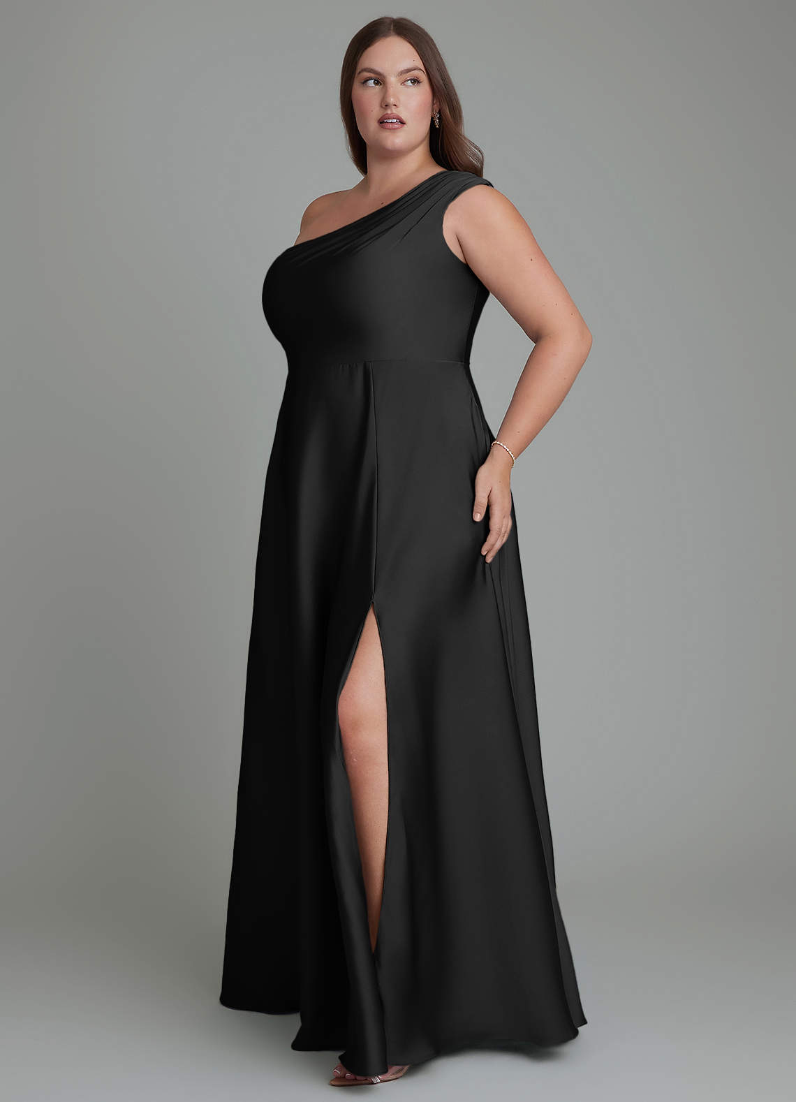 Azazie Melanie Bridesmaid Dresses Black A-Line Off the Shoulder Stretch Satin Dress image10