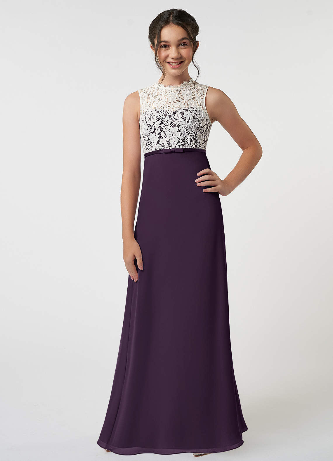 Azazie Rana Junior Plum A-Line Lace Chiffon Dress image1