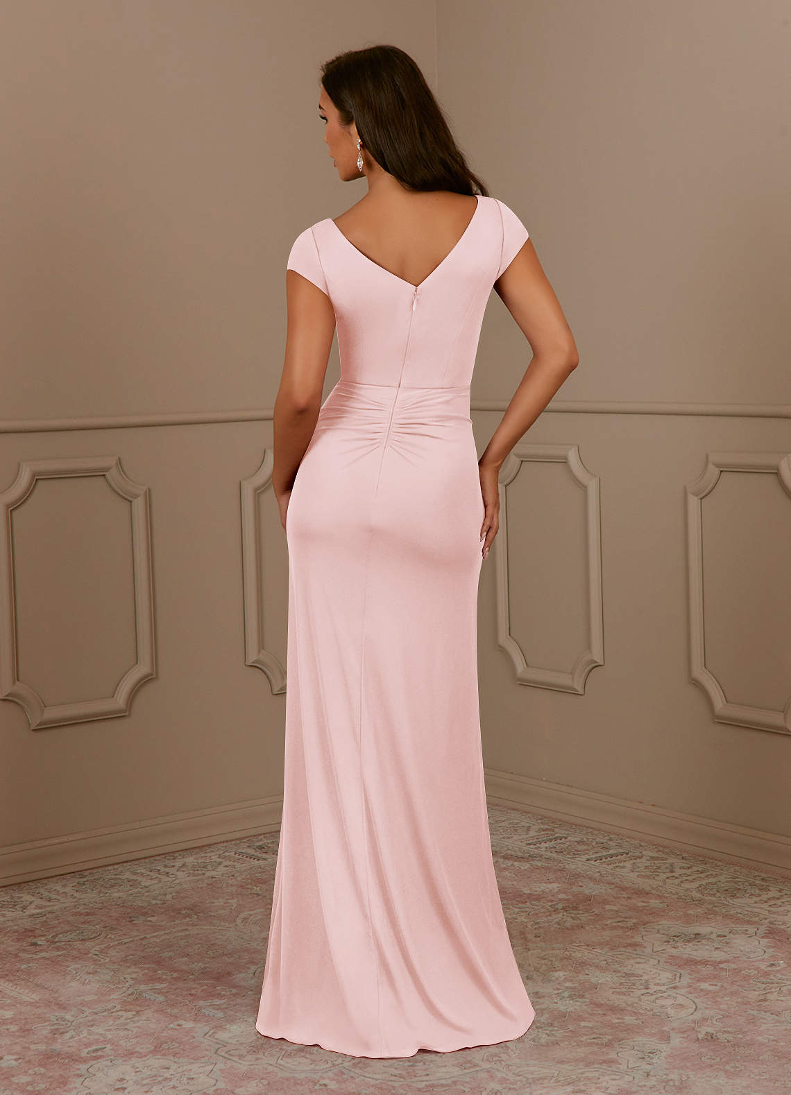 Azazie Roya Mother of the Bride Dresses Blushing Pink Mermaid V-Neck Pleated Mesh Dress image3