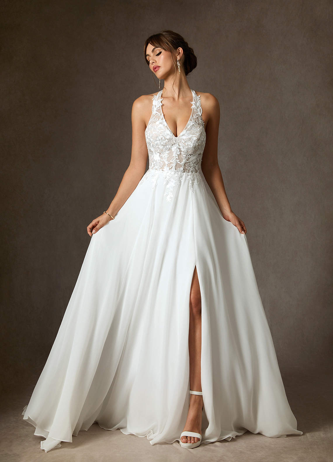 Azazie Sonja Diamond White Champagne A-Line Lace Dress | Azazie