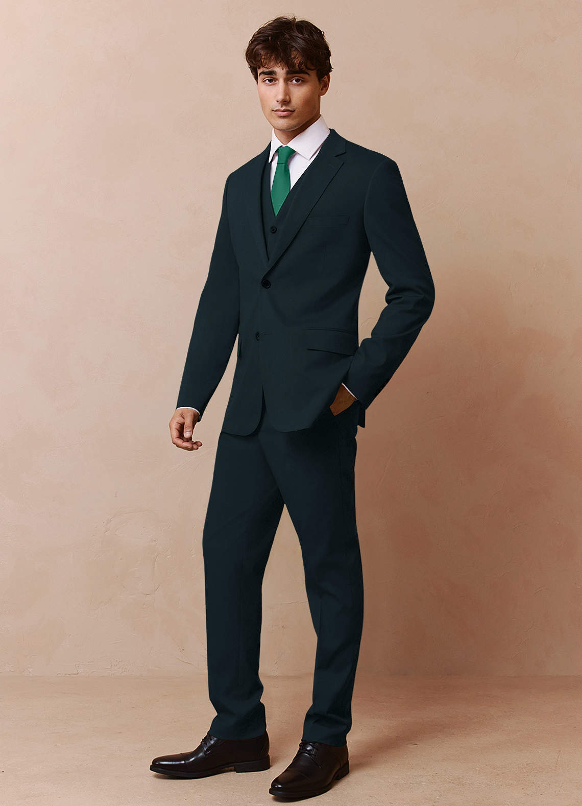 front Savile Dark Green Wool Blend 3-Piece Suit