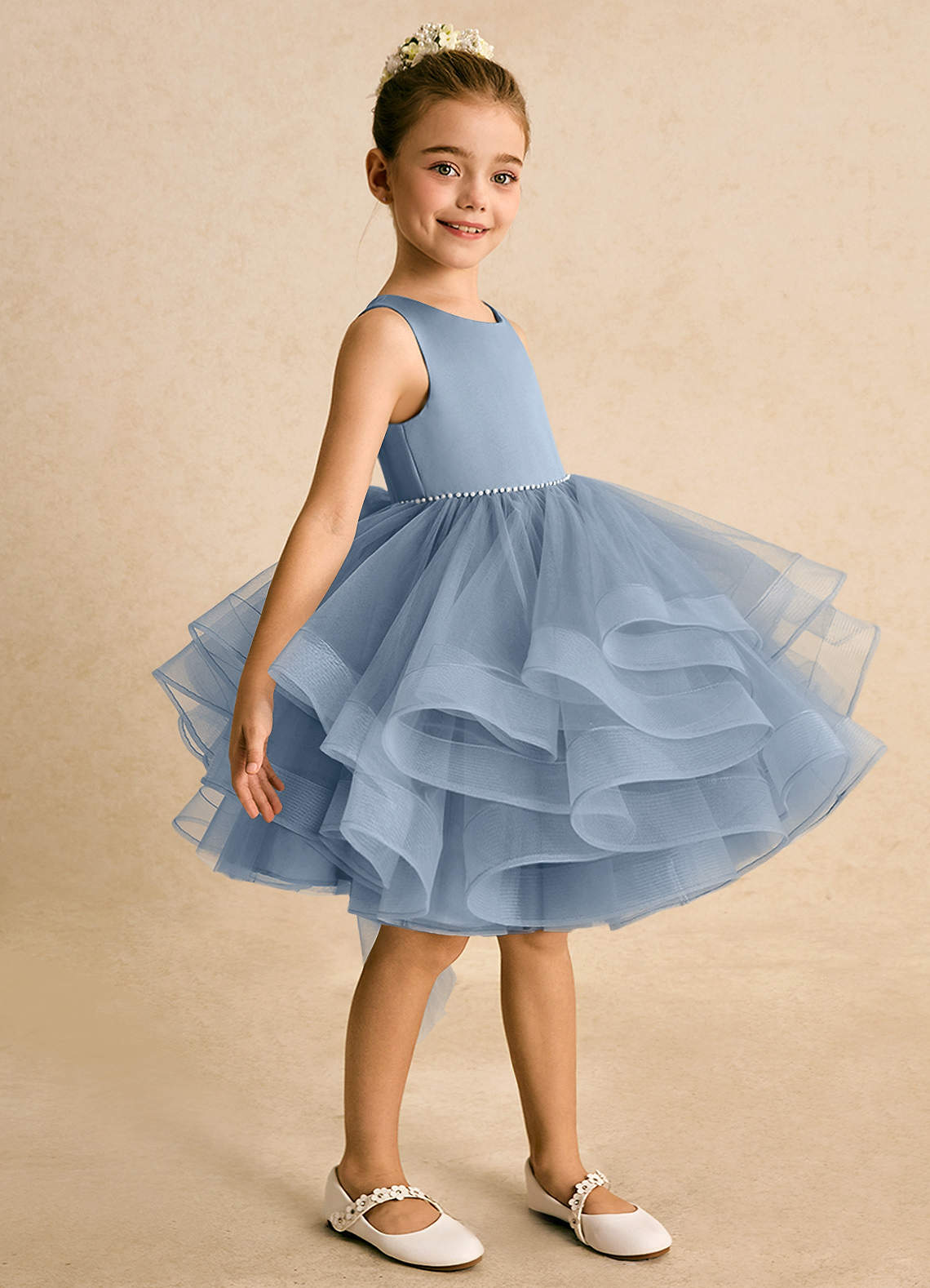 Azazie Tinie Flower Girl Dresses Dusty Blue Ball-Gown Bow Tulle Dress image3
