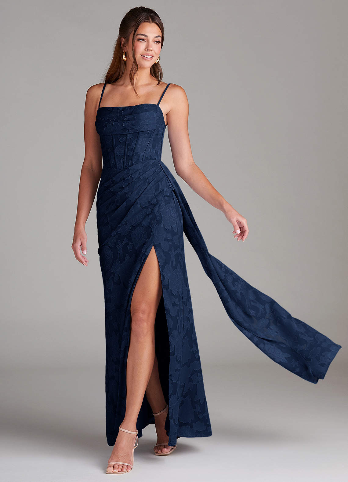Azazie Denisa Bridesmaid Dresses Dark Navy Sheath Pleated Floral Burnout Dress image1