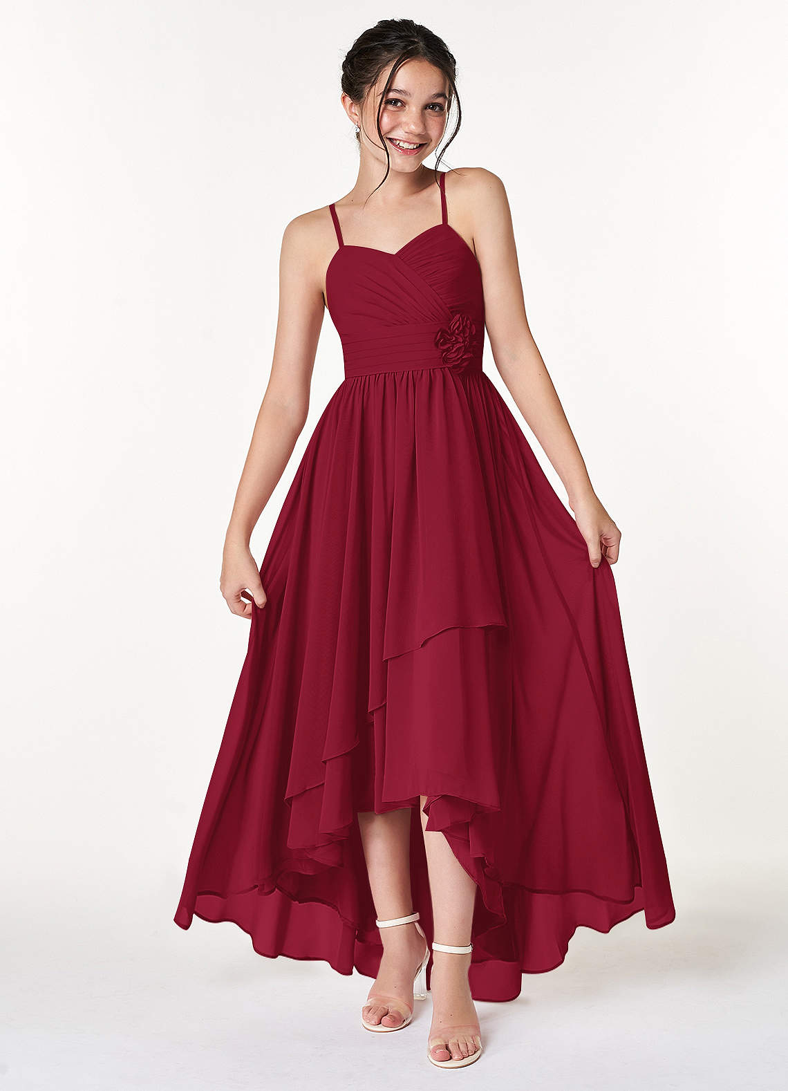 wine color junior bridesmaid dresses Duntery Off Shoulder Chiffon Junior Bridesmaid Dress With Flutter Sleeves, Burgundy main image 0