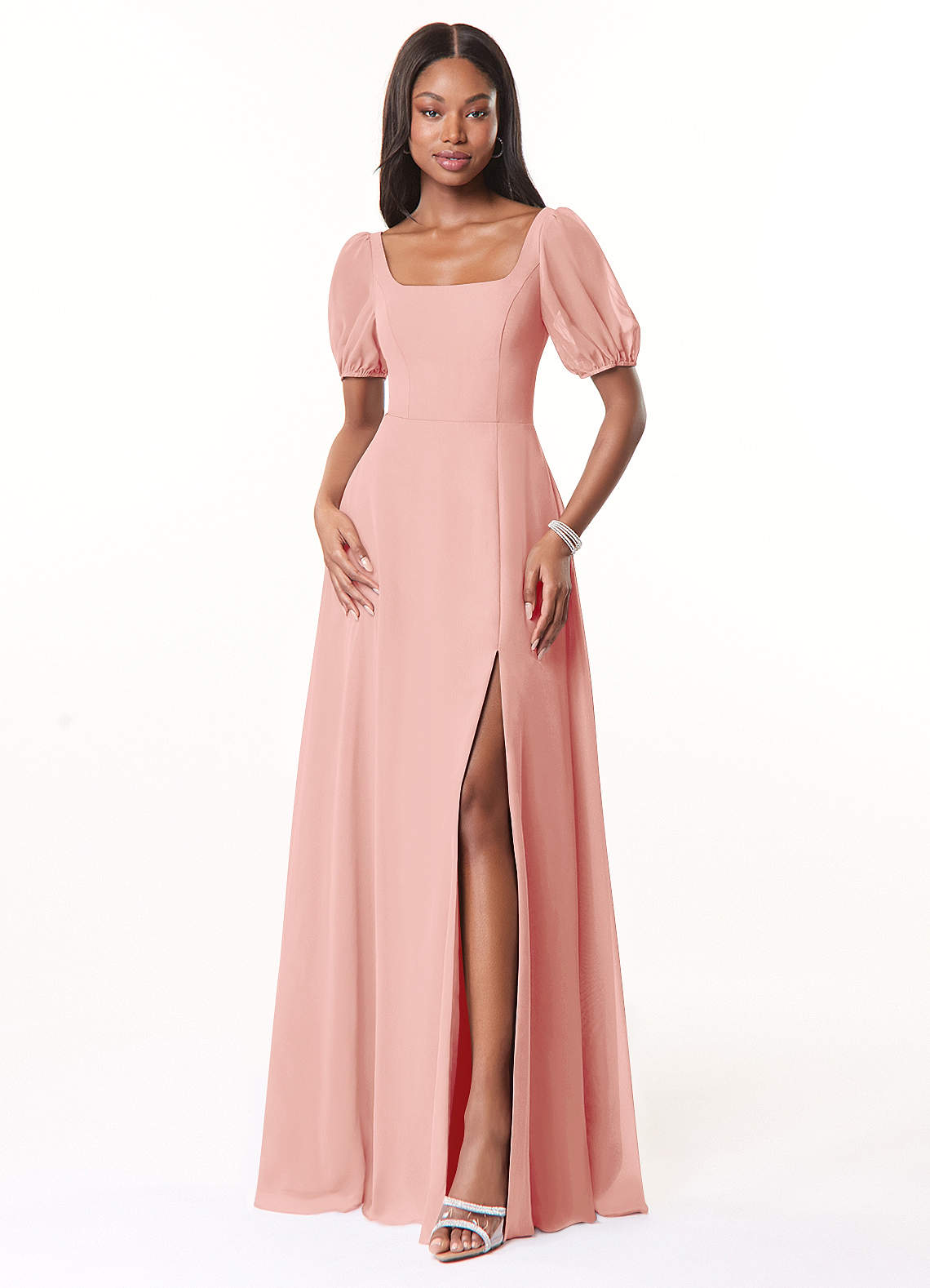 Azazie Alani Robes de demoiselle d'honneur Robe Trapèze en Mousseline de soie Encolure carrée Rosette image1