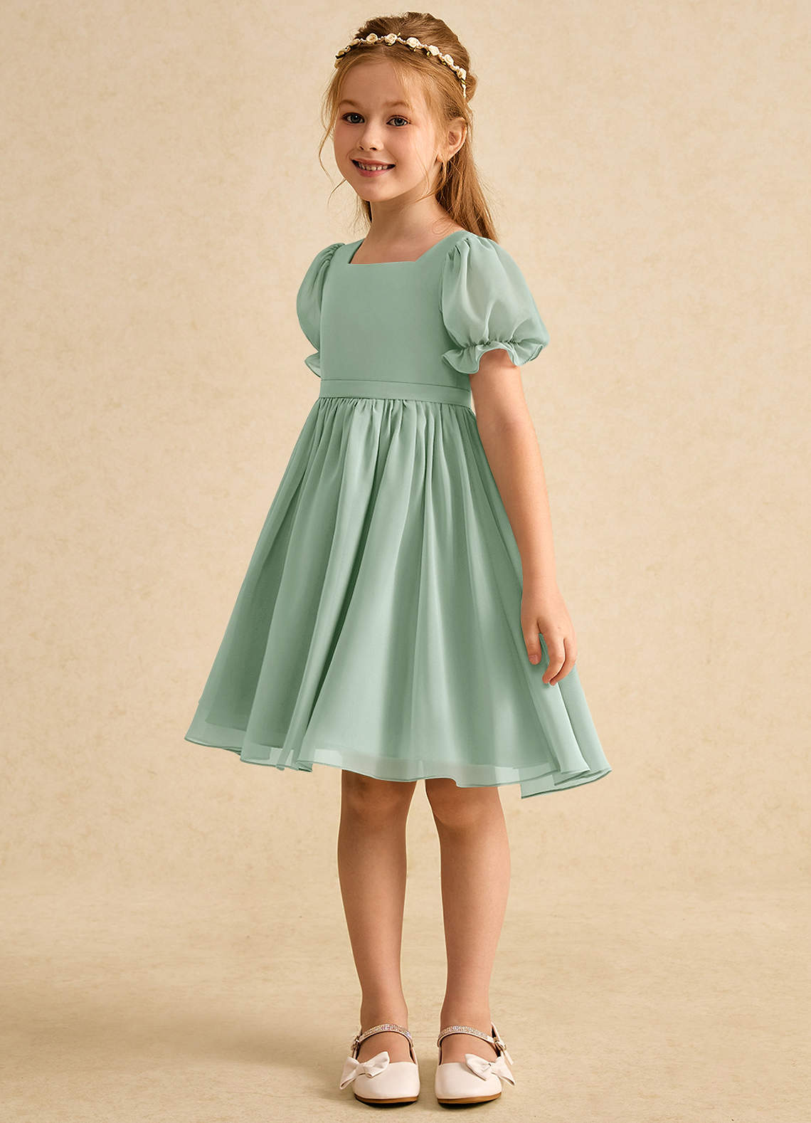 Azazie Jolie Blumenmädchenkleider A-Linie mit ärmel Chiffon Kleid Agave image4