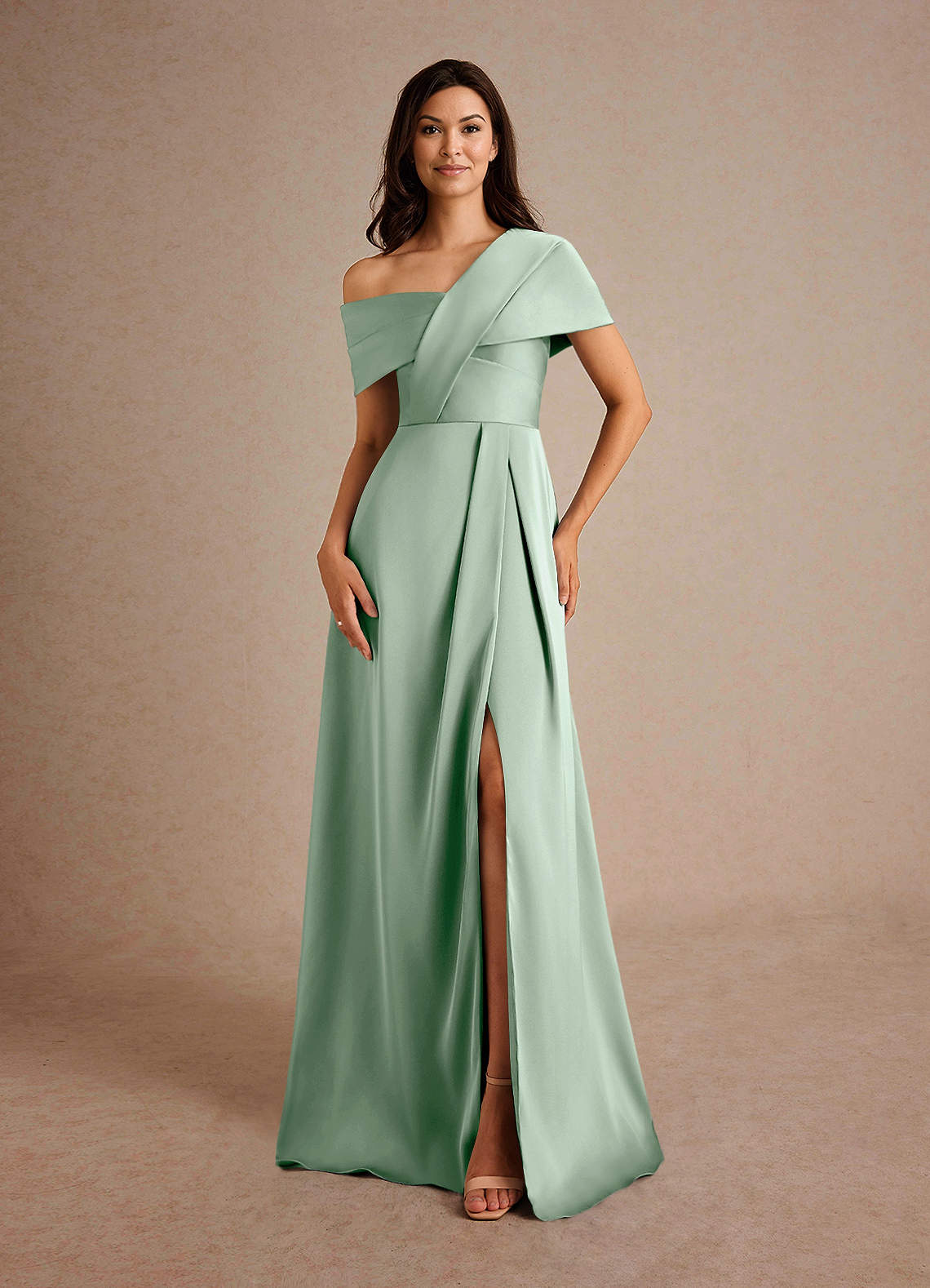 Azazie Milton Abiti per la Madre della Sposa Abito A-Line in Raso Elasticizzato Plissettato Agave image4