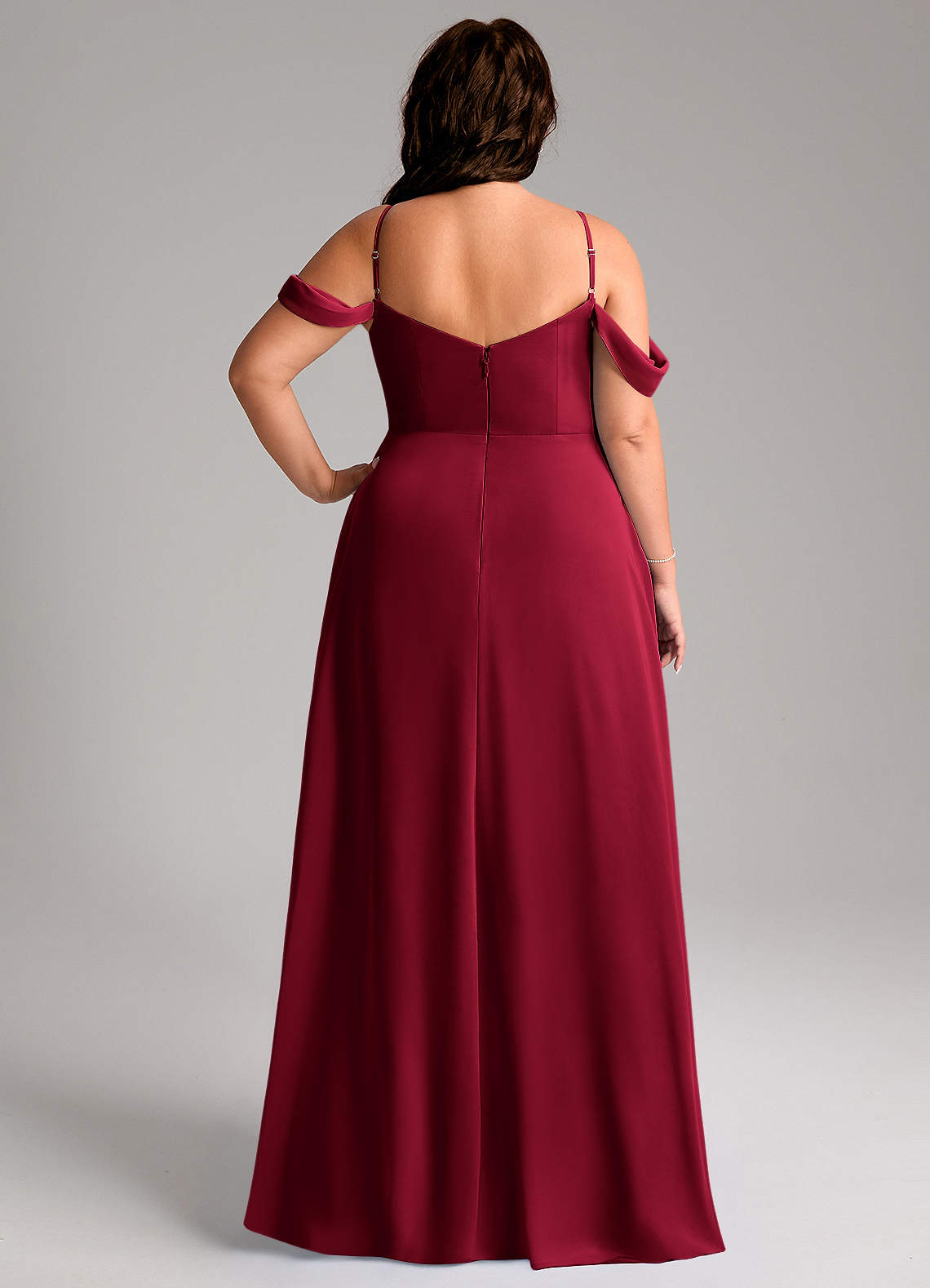 Azazie Marley At-home Try On Dresses Burgundy A-Line Off the Shoulder Chiffon Convertible Dress image11
