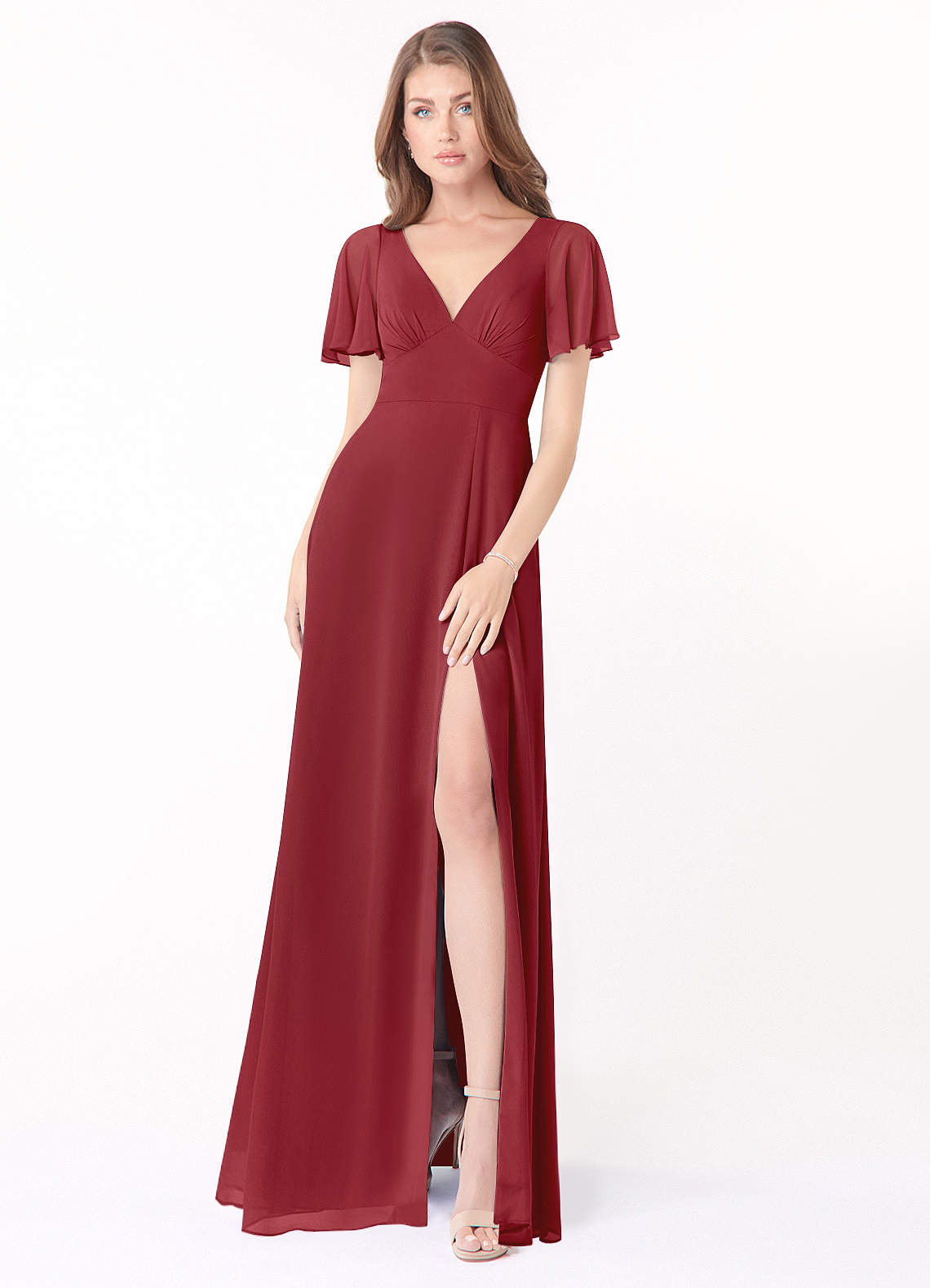 Azazie Kimber Bridesmaid Dresses Pomegranate A-Line Flounce Sleeve Chiffon Dress image1