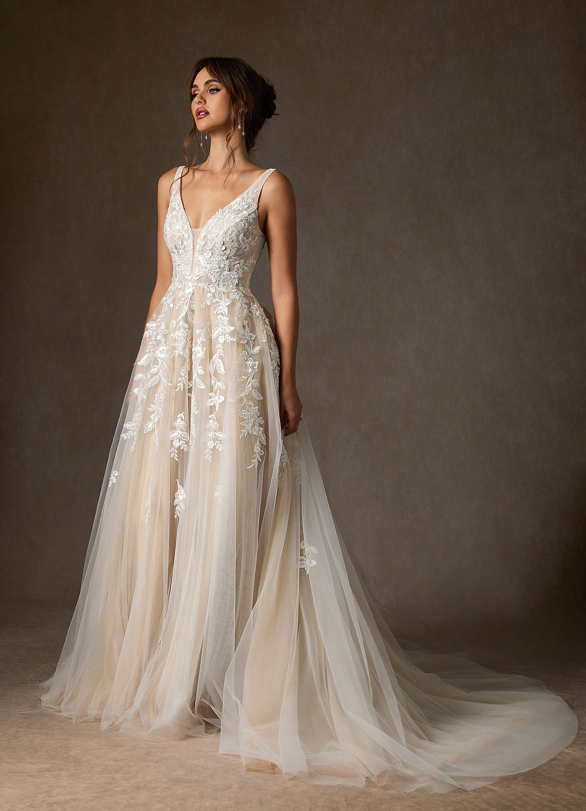 Azazie Sorella Wedding Dresses Diamond White Champagne A-Line V-Neck Sequins Tulle Dress image4