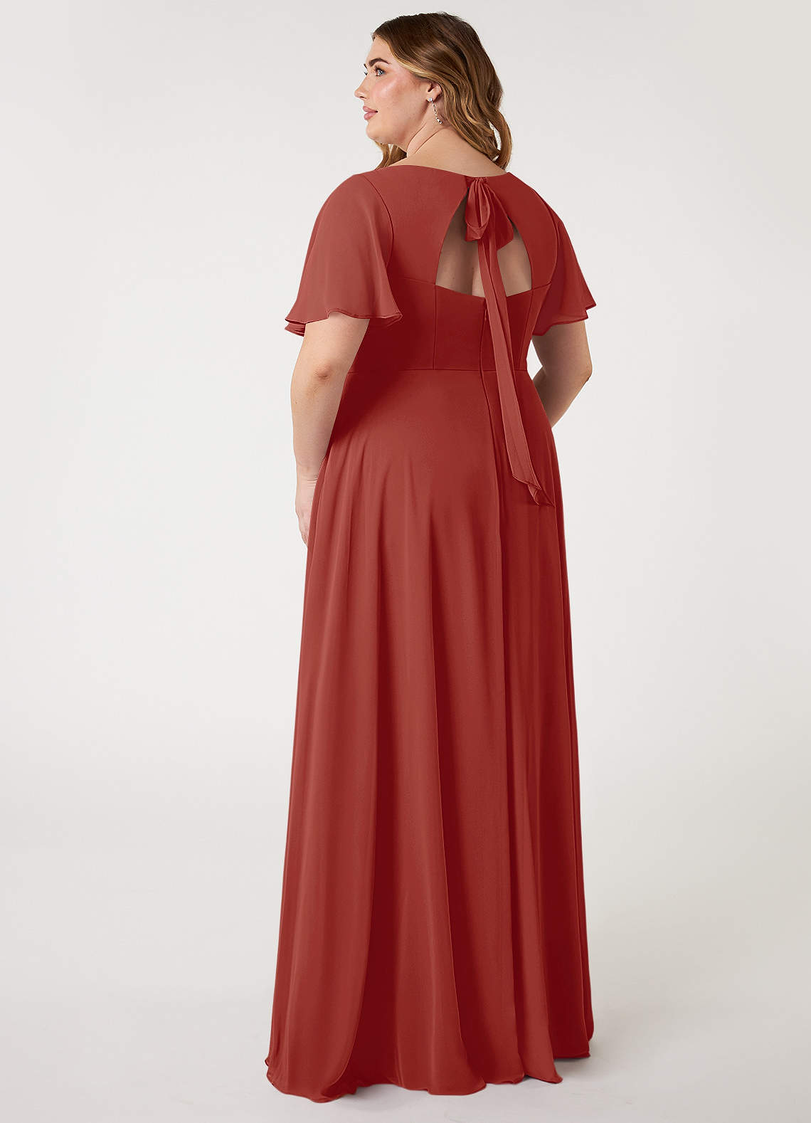 Azazie Kimber Robes de demoiselle d'honneur Robe Trapèze en Mousseline de soie Manches à volants Terracotta image9