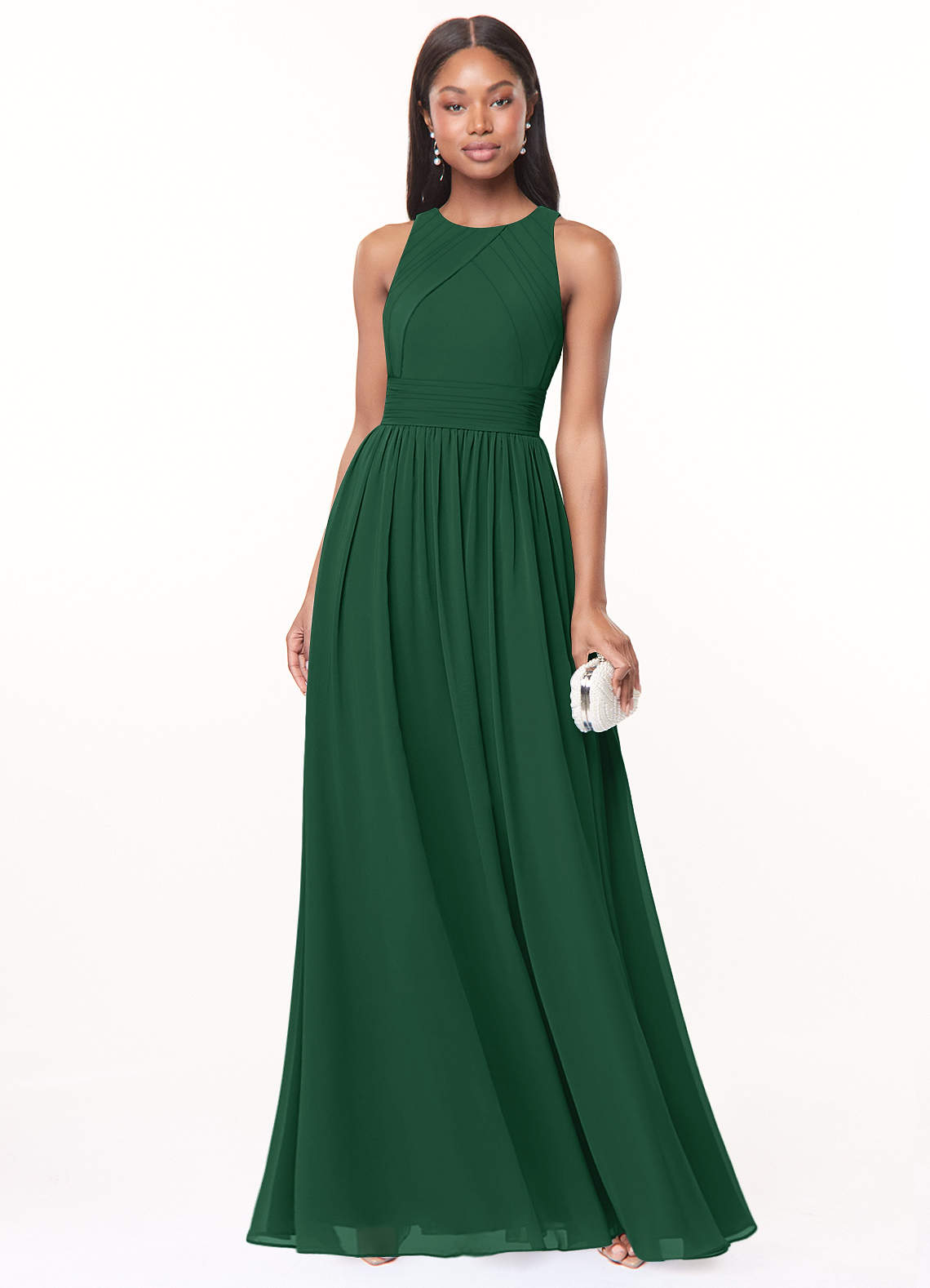 Azazie Harper Bridesmaid Dresses Dark Green A-Line Pleated Chiffon Dress image1